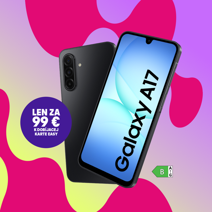 Smartfón Galaxy A17 zobrazený z prednej a zadnej strany s cenou 99 € k dobíjacej karte Easy na farebnom pozadí.