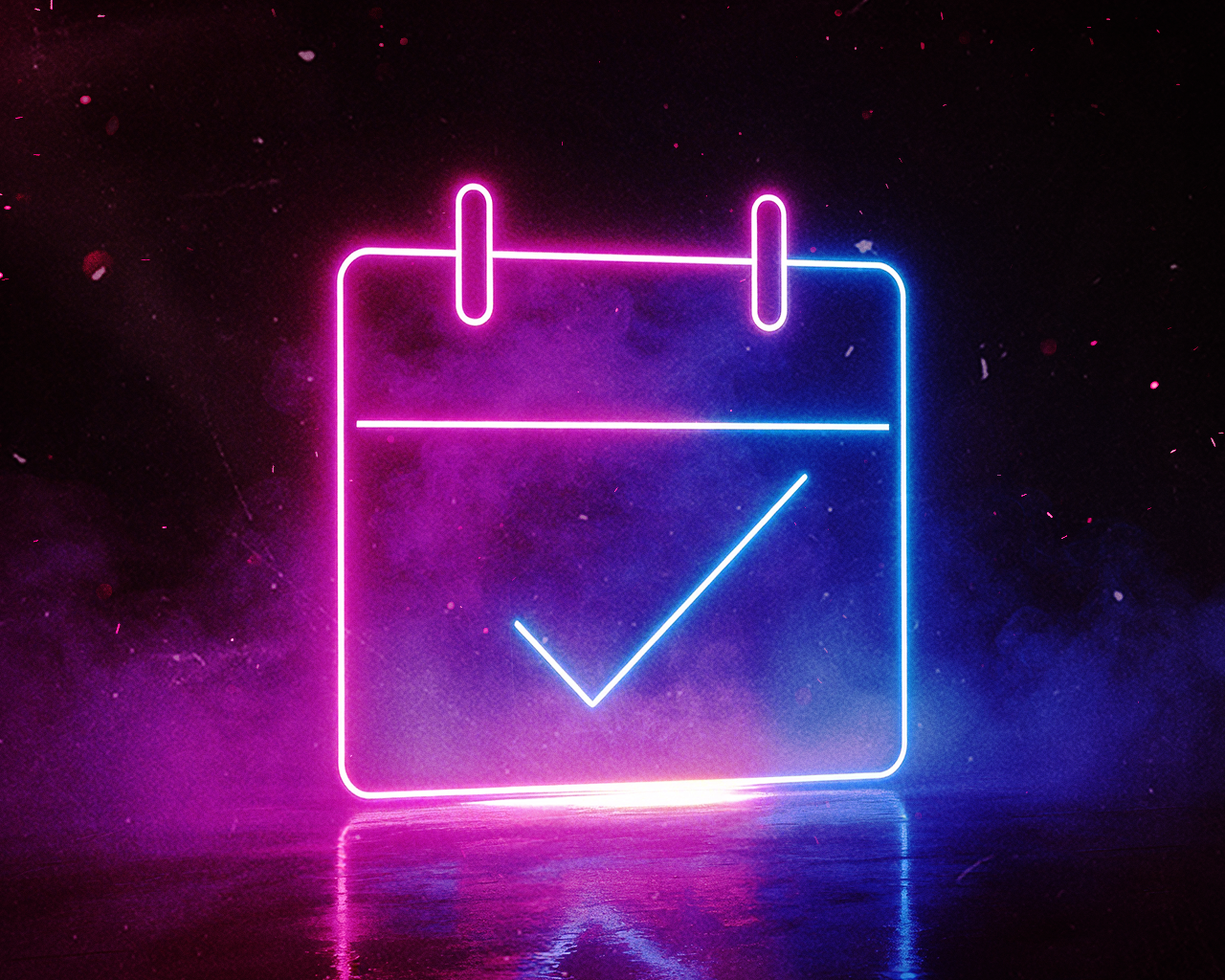 Neónová ikonka kalendára so zaškrtávacou značku, žiariaca v ružovej a modrej farbe