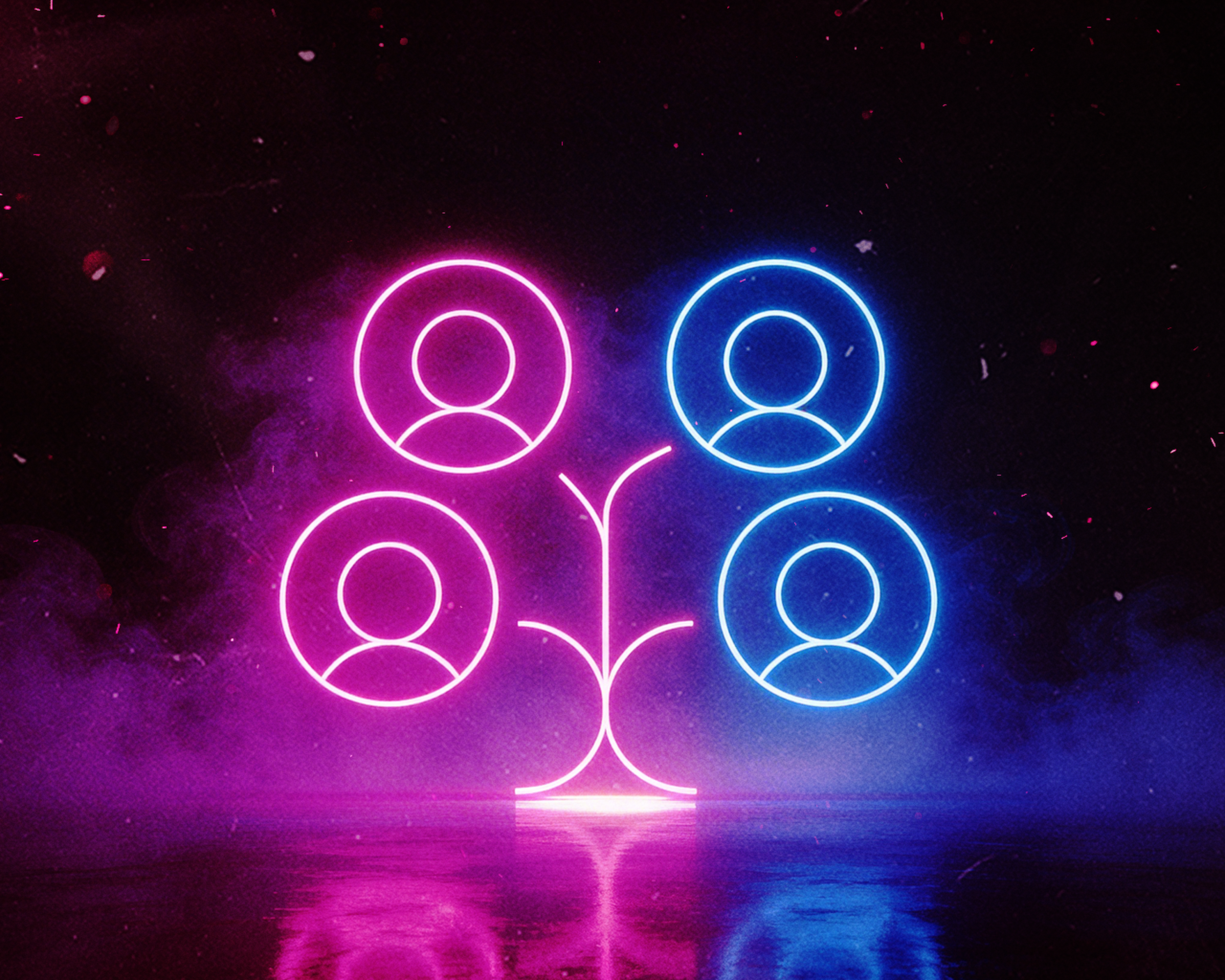 Neónové ružové a modré okrúhle symboly pripomínajúce stromovú štruktúru