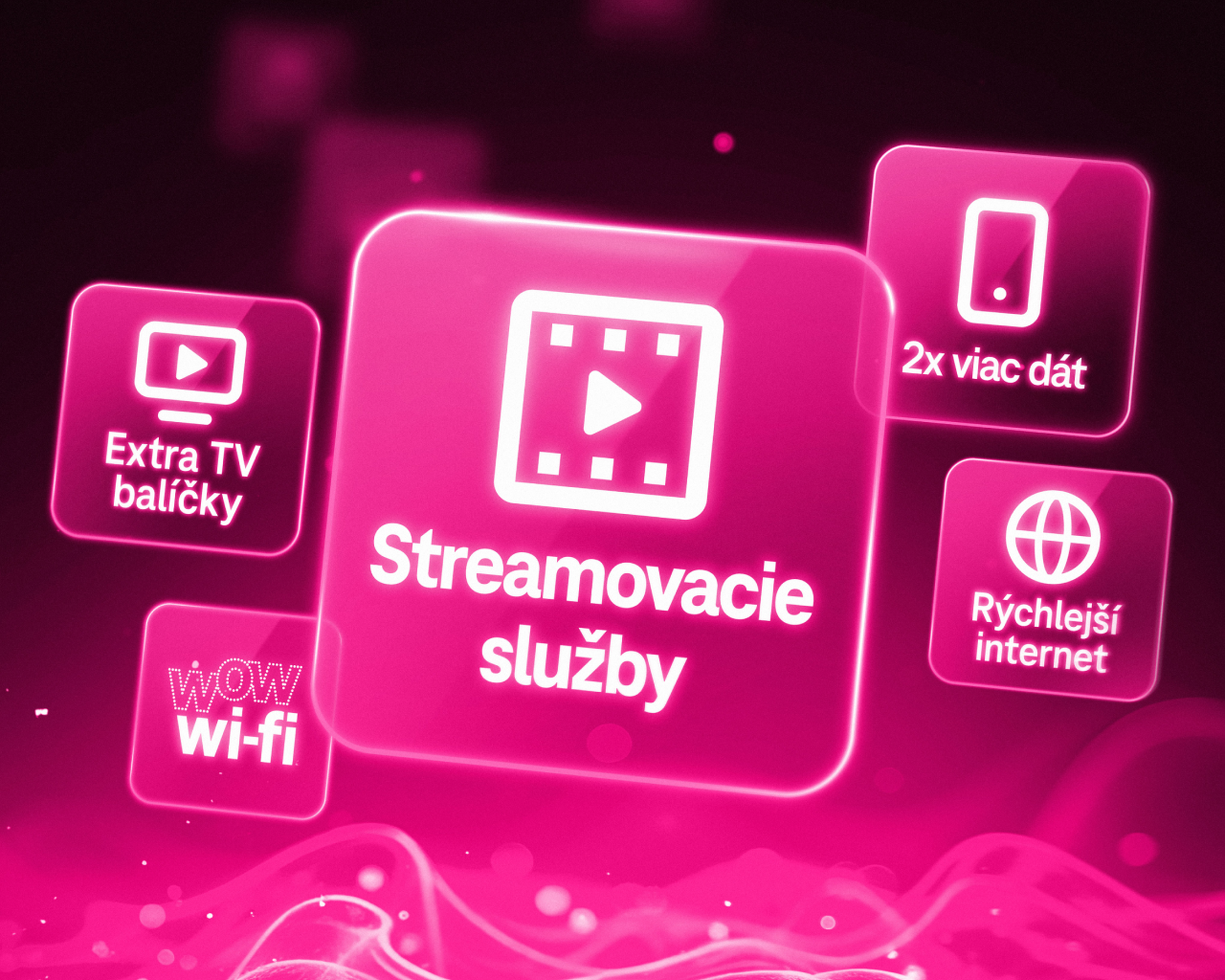 Ružové ikony predstavujúce streamovacie služby, extra TV balíčky, rýchlejší internet a ďalšie výhody ponuky Telekom.sk.