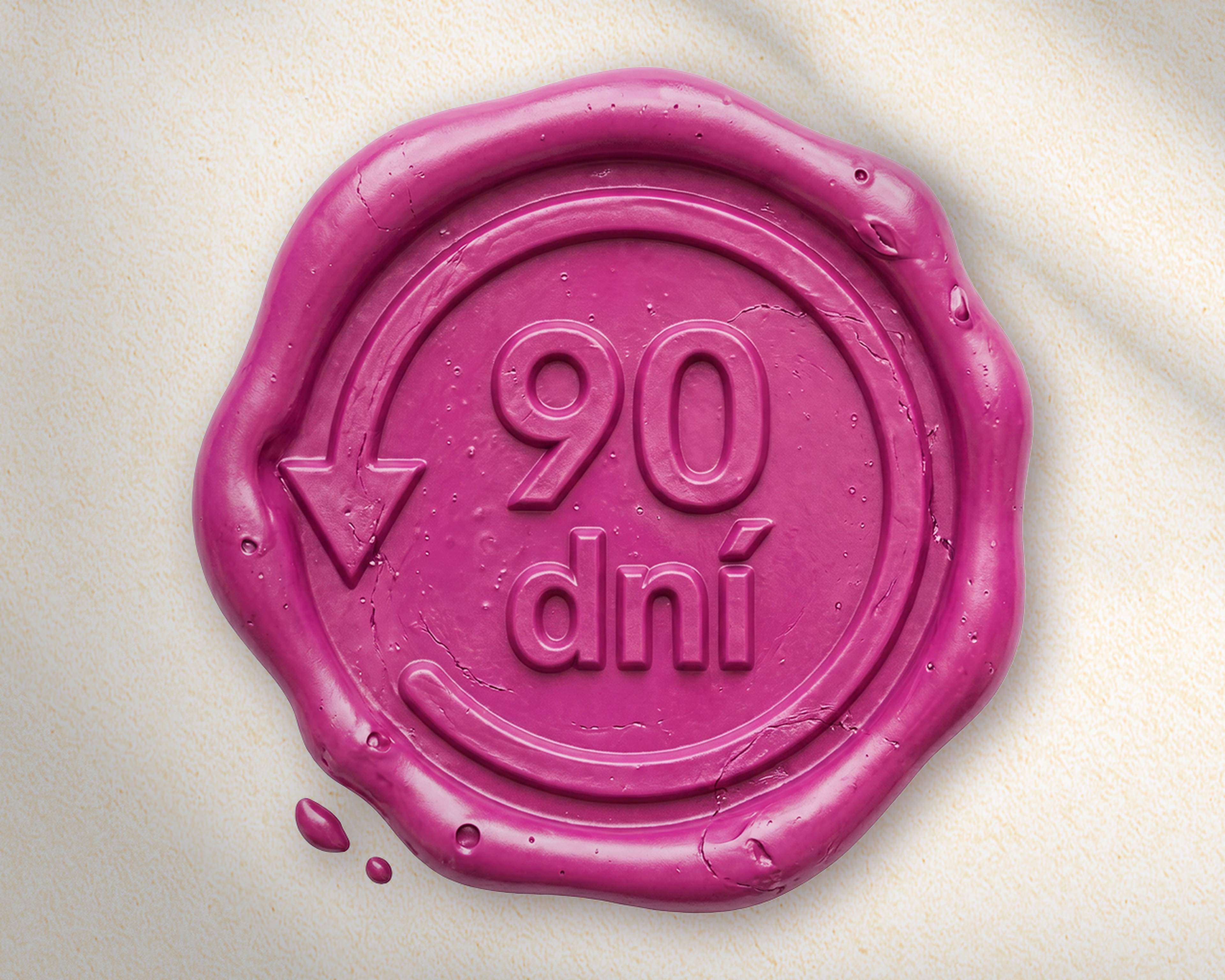Fialová pečať s nápisom "90 dní" a šípkou, symbolizujúca časové obdobie.