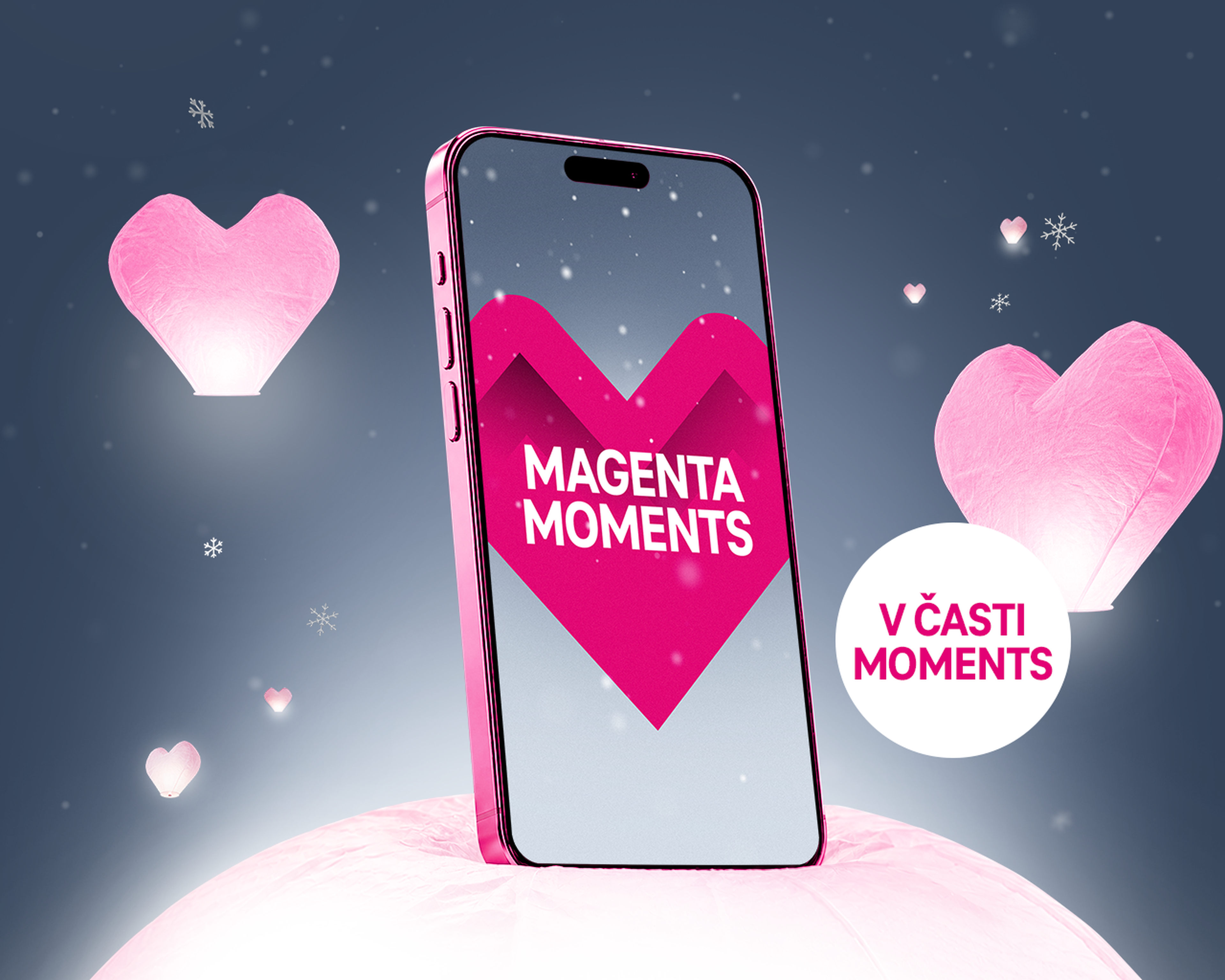 Ružový mobil s názvom "Magenta Moments" vedľa ružových svietiacich srdiečok na tmavomodrom pozadí.