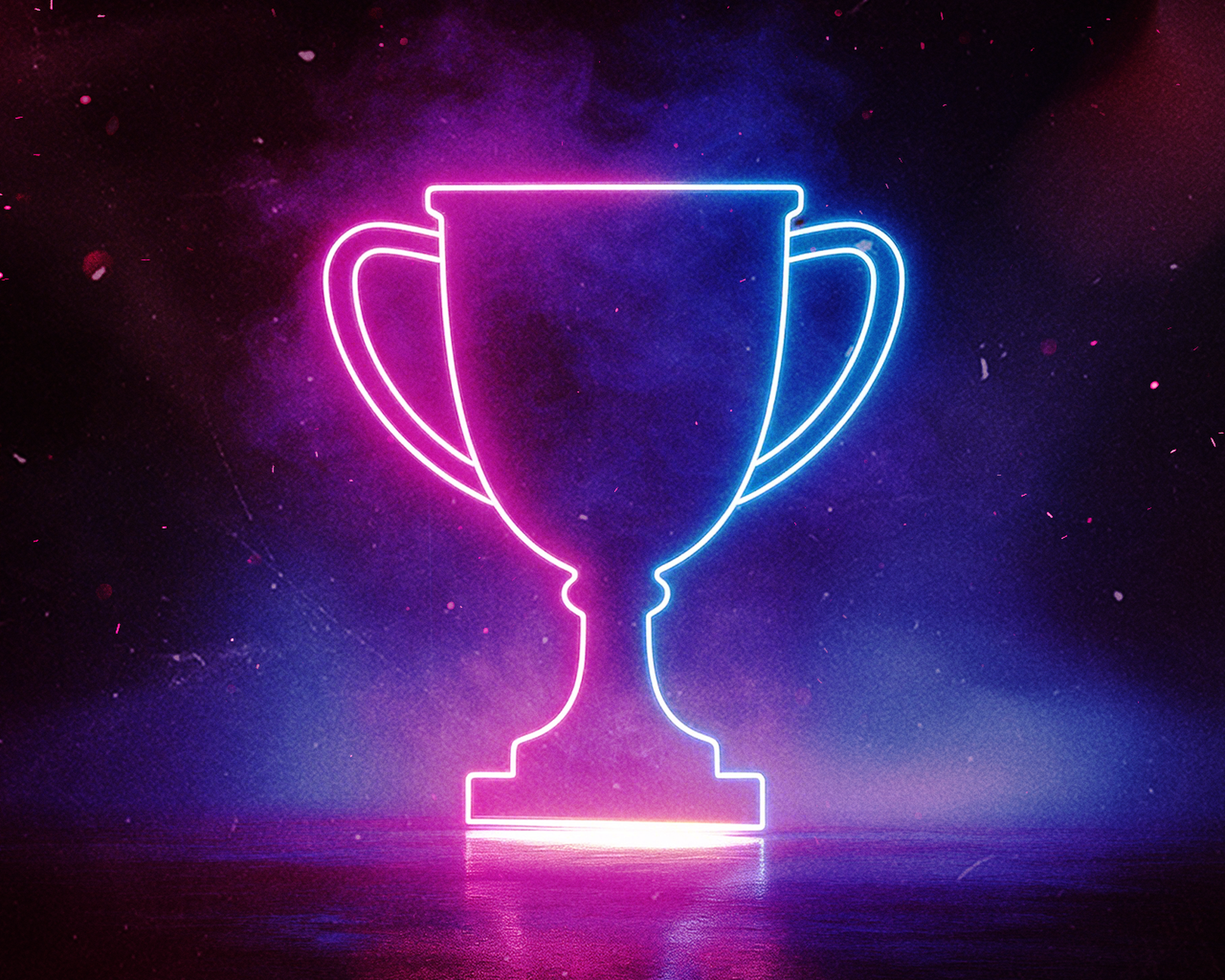 Neónový obrys trofeje v žiariacej ružovej a modrej farbe