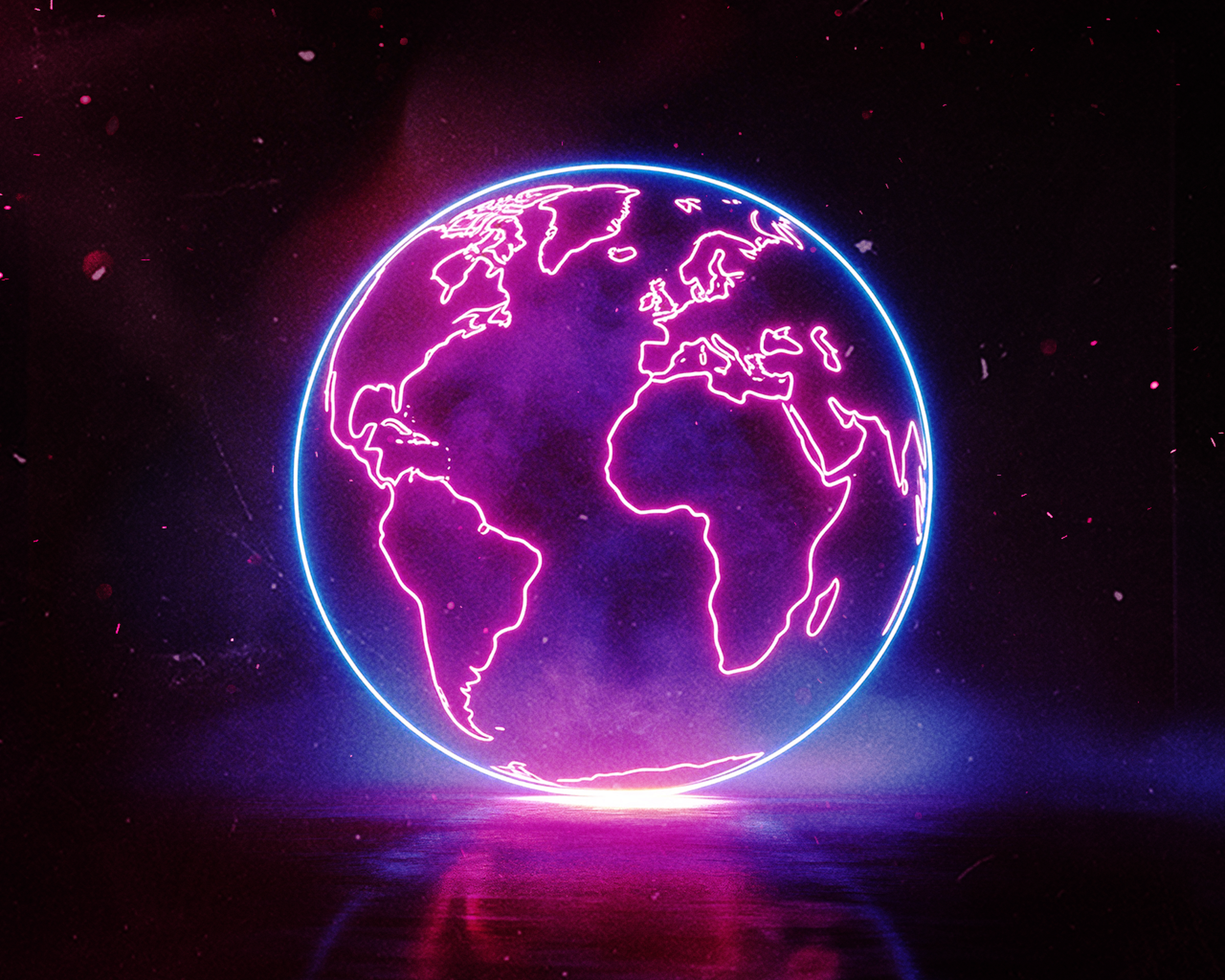 Neónový obrys zemegule so zvýraznenými kontinentami v ružovej a modrej farbe