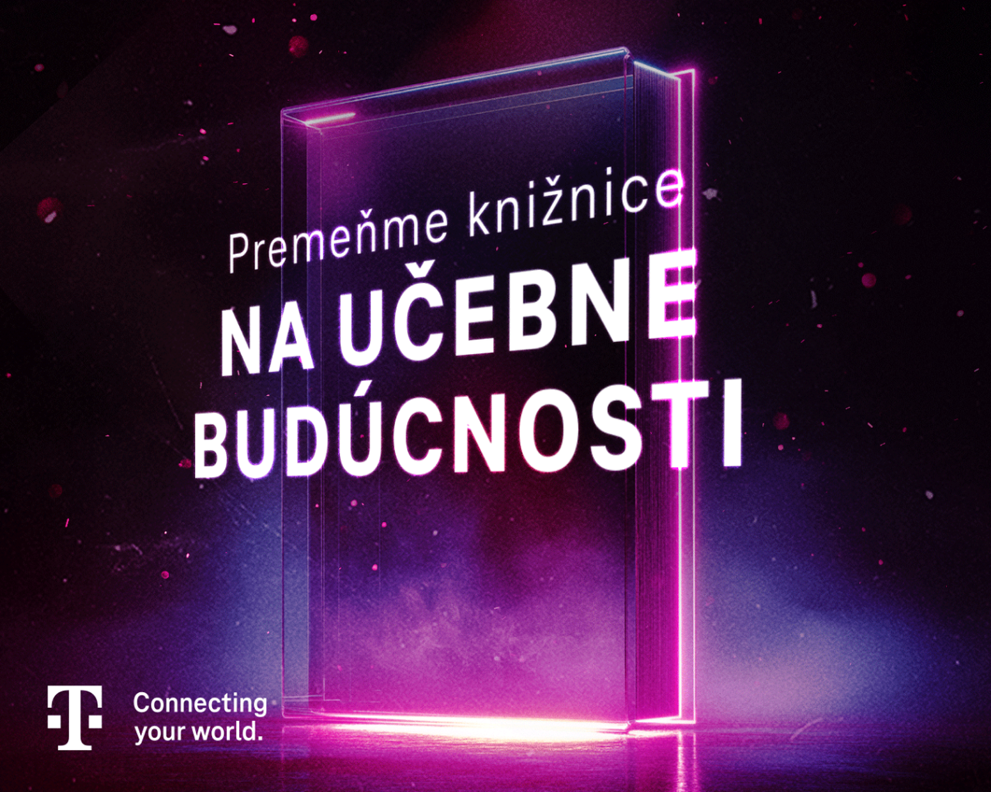 Akademia digitalnych zrucnosti_2607004_Hero banner_1280x10244px_01 Plagát s textom "Premeníme knižnice na učebne budúcnosti" a logom Telekom.