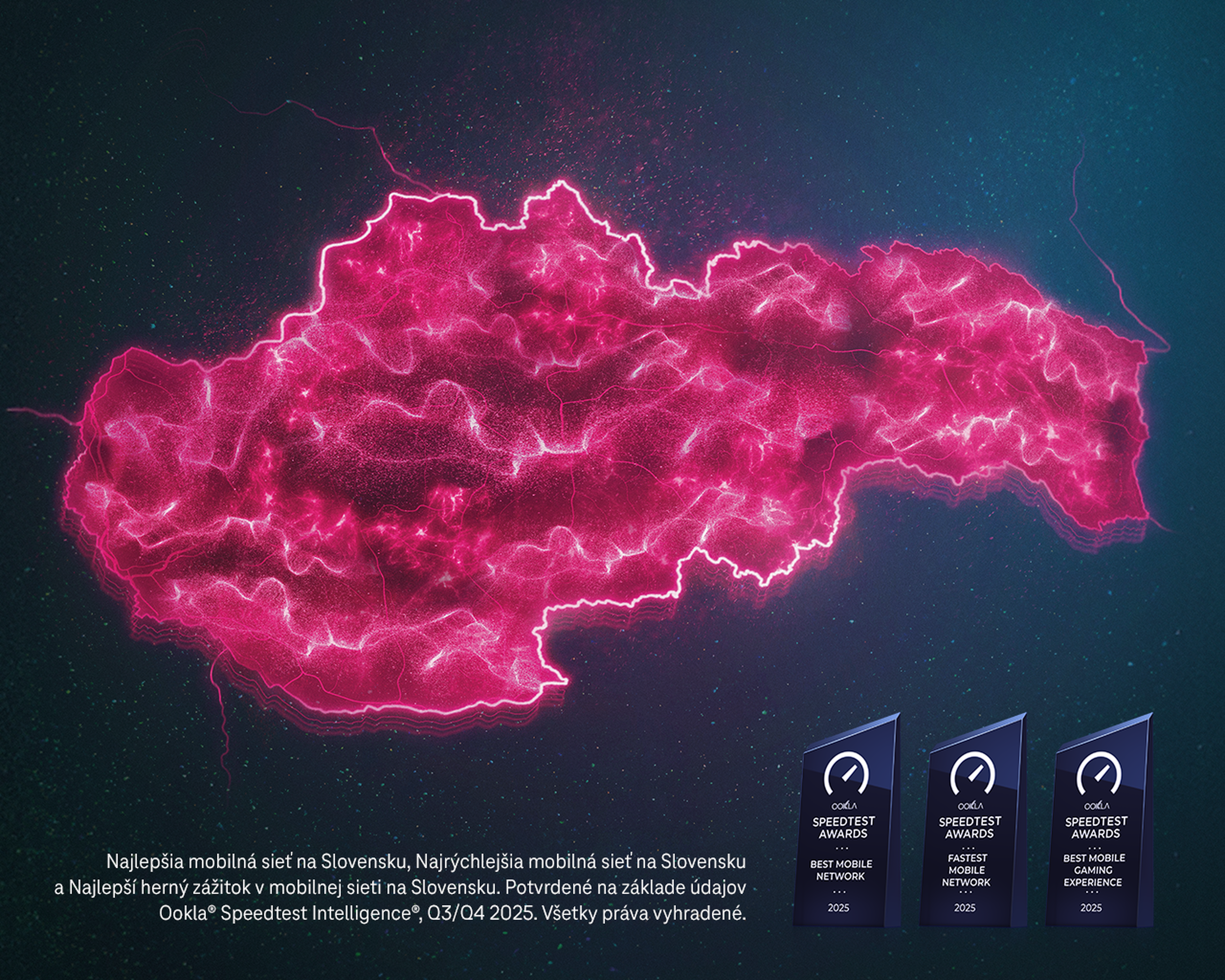 Mapa Slovenska so zvýraznenou sieťou v ružovej farbe. Ocenenia za najlepšiu mobilnú sieť na Slovensku.