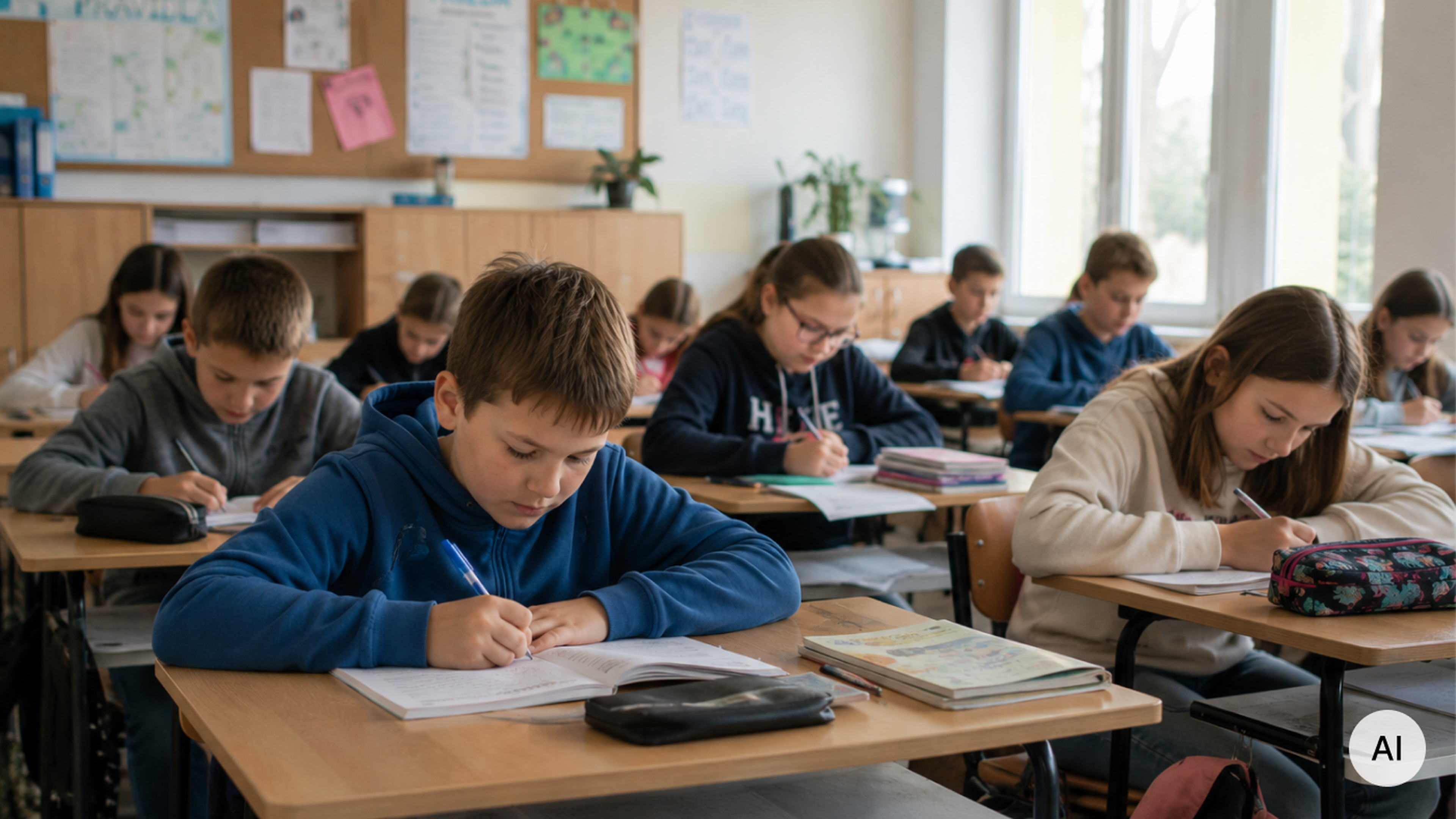 Žiaci sediaci v triede, sústredene píšu do zošitov.