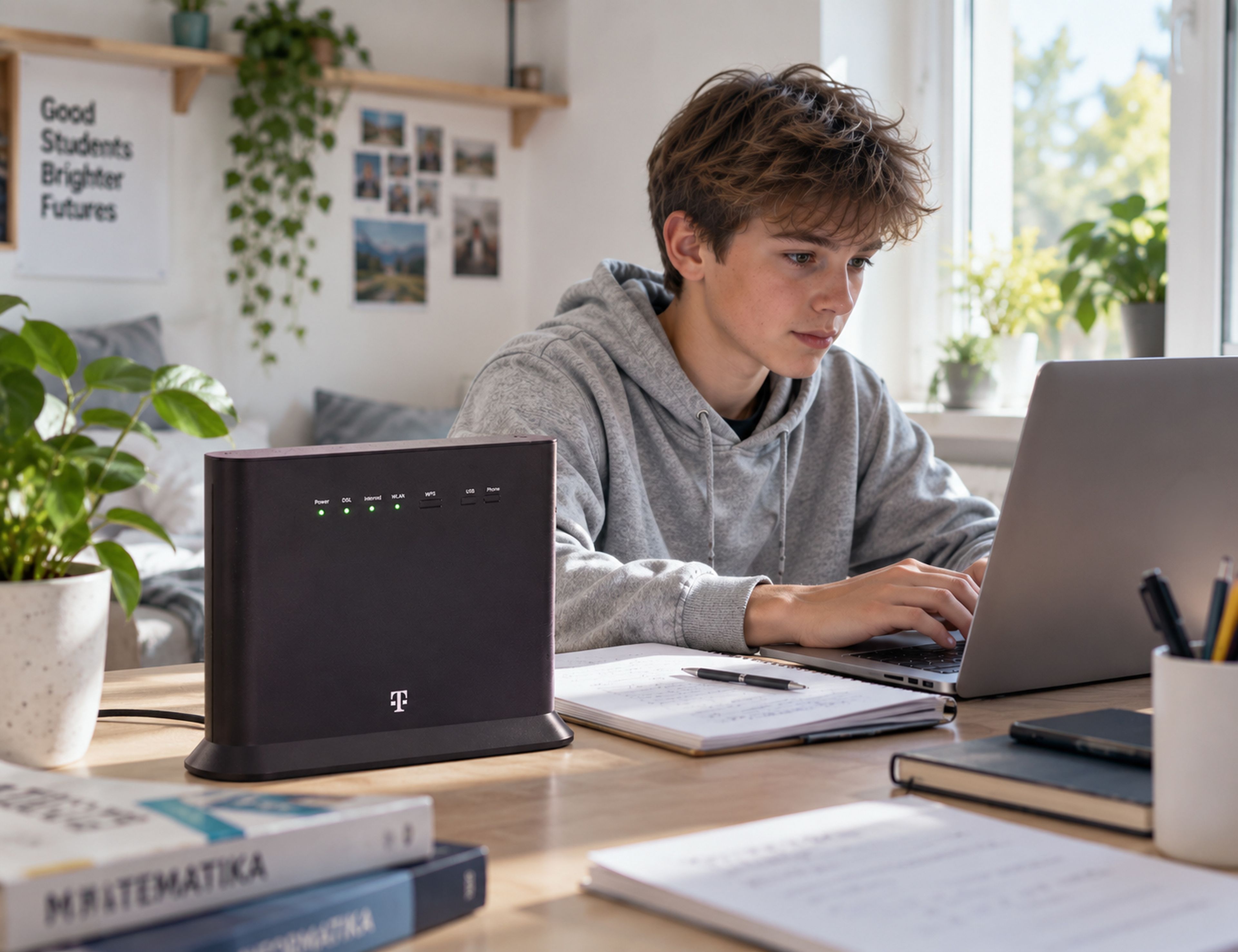 Mladý muž pracujúci na notebooku pri stole s routerom Telekom, obklopený knihami a izbovými rastlinami.