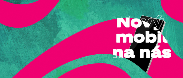 Nový mobil na nás: farebné pozadie s textom a siluetou smartfónu.