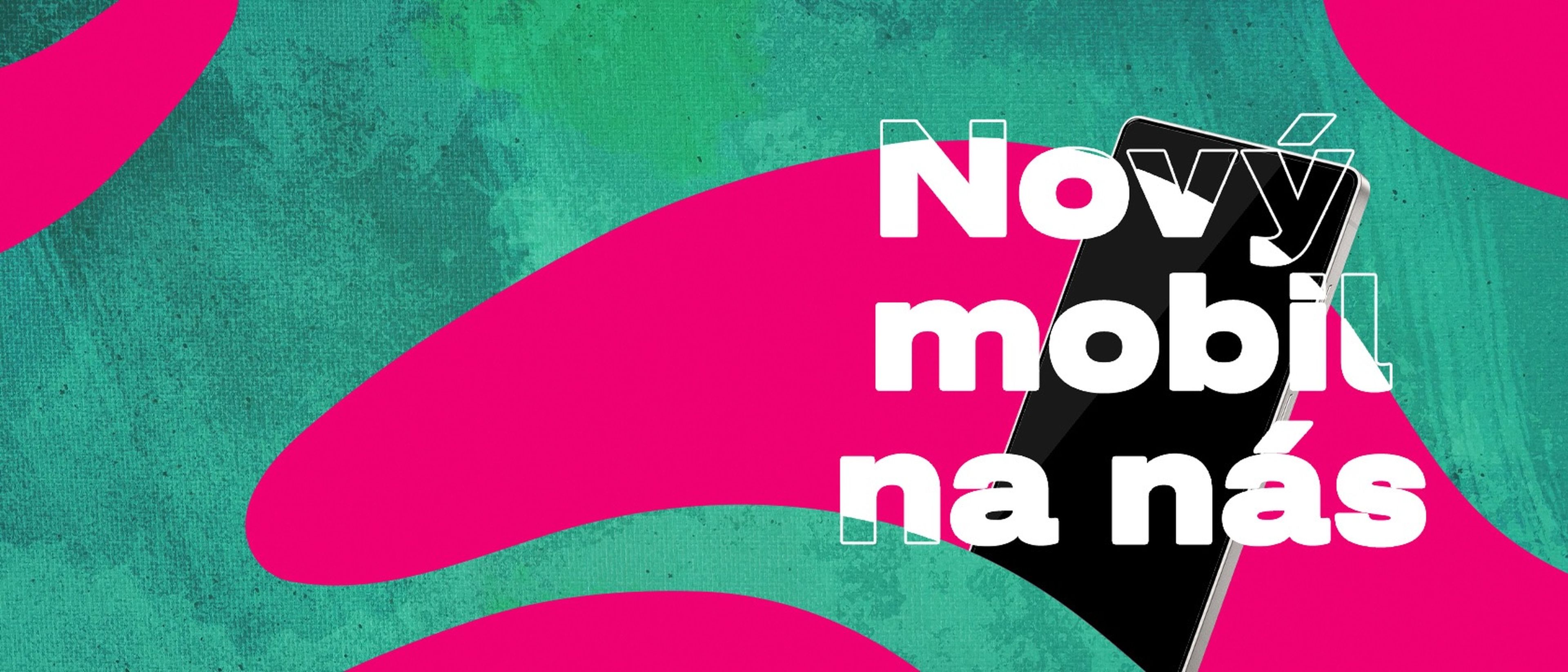 Nový mobil zobrazený na farebnom pozadí s textom "Nový mobil na nás".