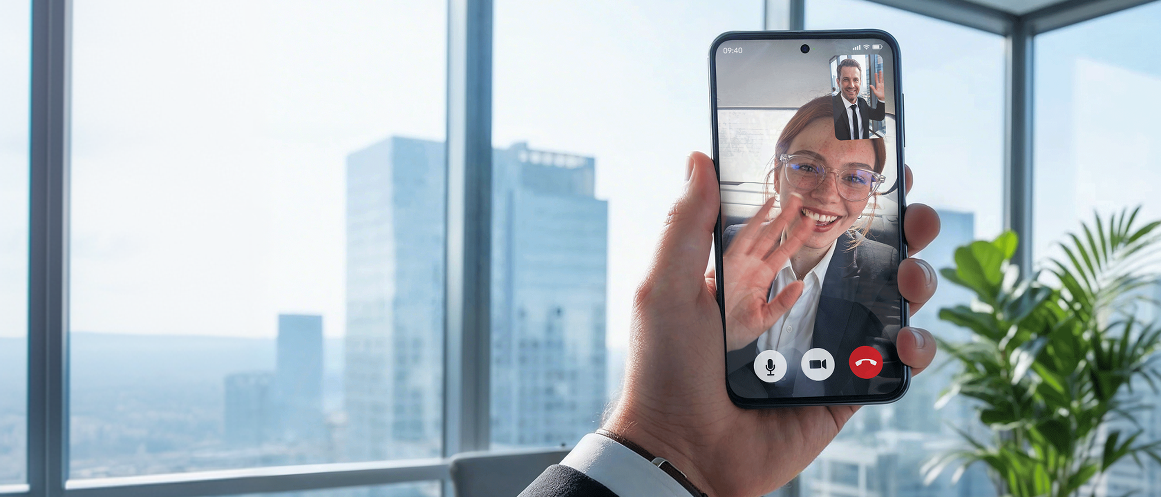 Muž drží telefón a uskutočňuje videohovor so ženou, ktorá má na sebe okuliare, v pozadí sú viditeľné mrakodrapy.