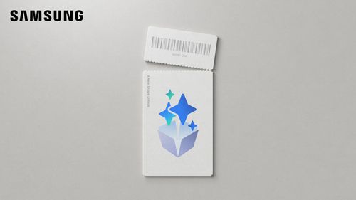 Biely lístok s logom Samsung a farebnými hviezdami, s textom "A New Shape Unfolds".