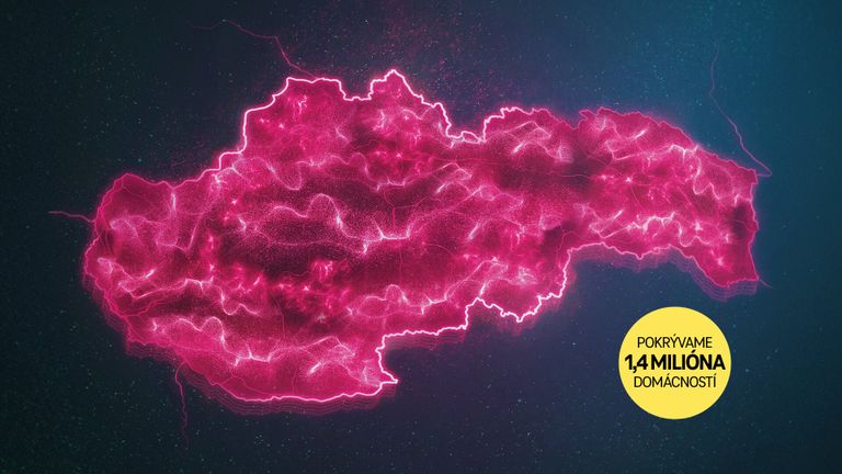 Žiariaci ružový obrys mapy Slovenska na tmavom pozadí so žltým kruhom s nápisom "Pokrývame 14 miliónov domácností."