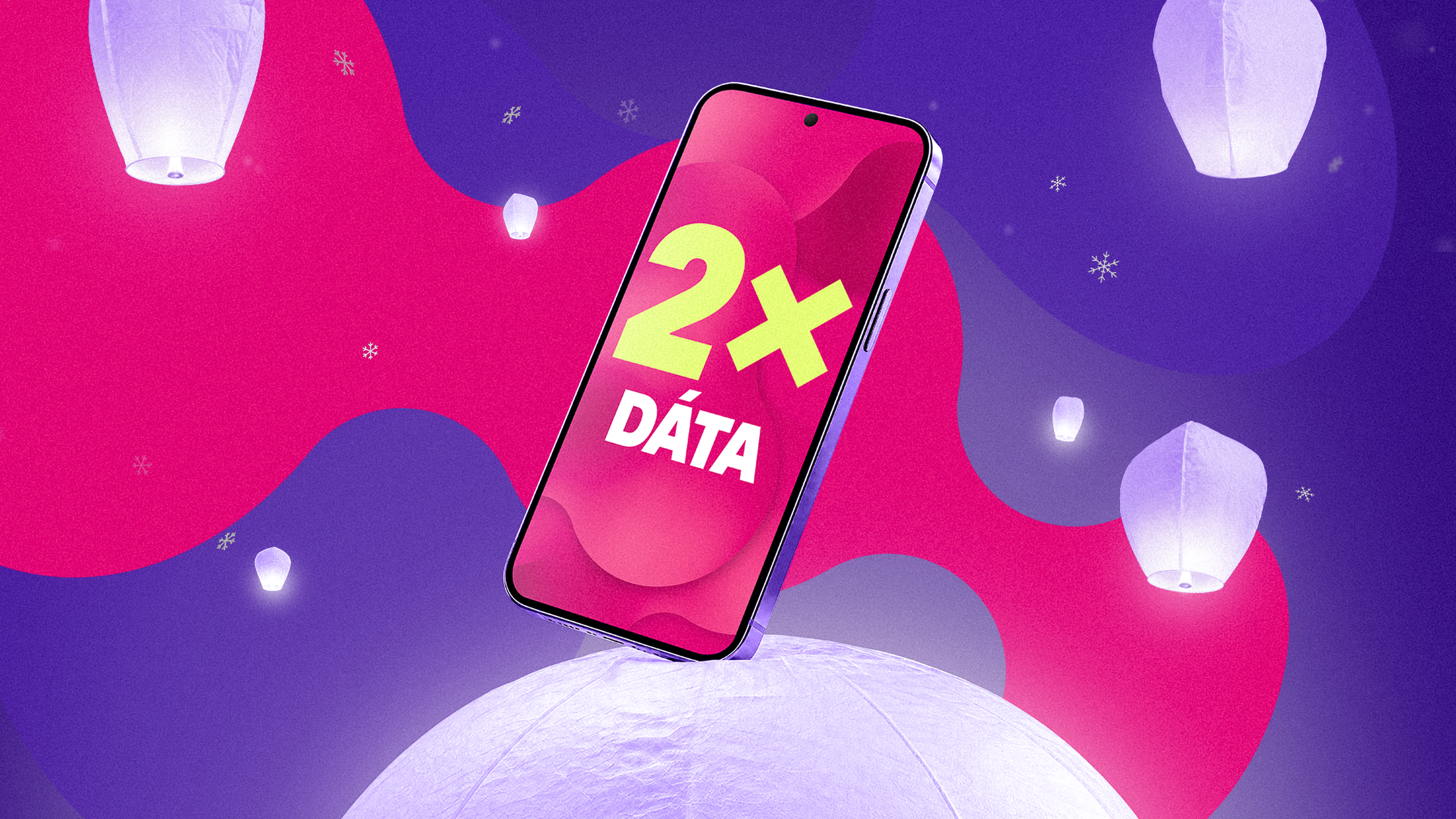 Mobil s nápisom "2x DÁTA" na farebnom pozadí s lietajúcimi lampiónmi.