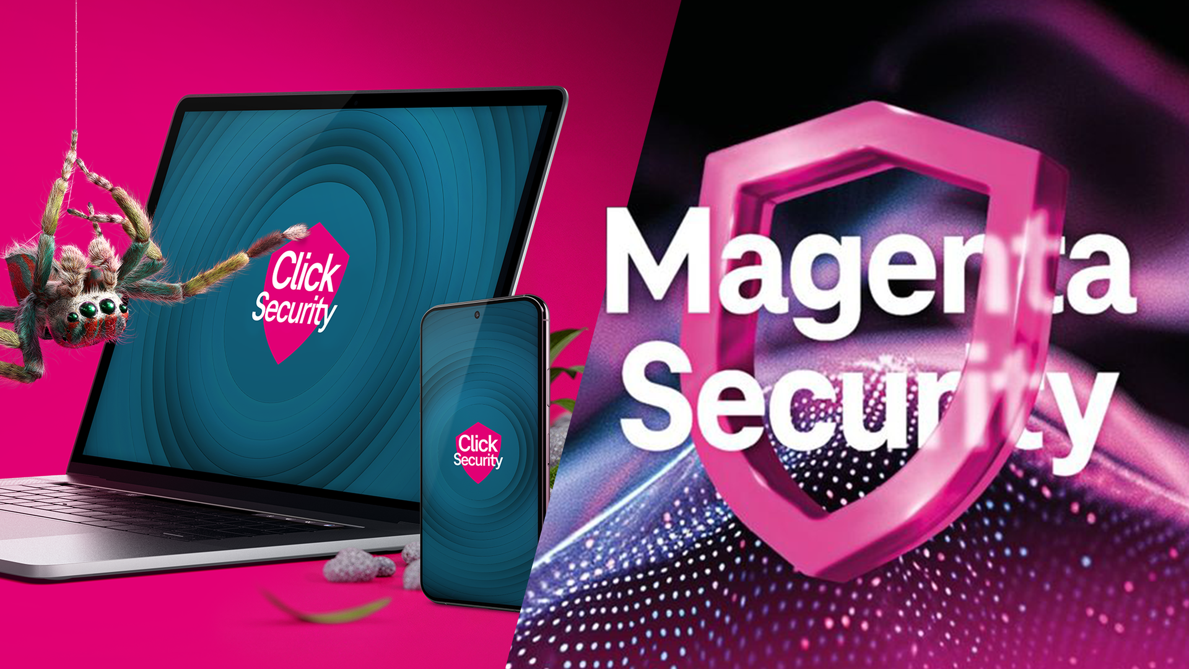 Zabezpečenie mobilu a počítača, notebook a smartfón s logom Click Security na ružovom pozadí vedľa štítu Magenta Security.