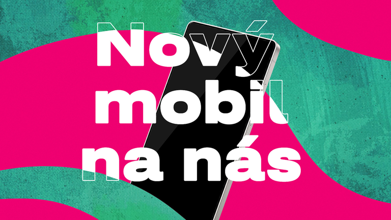Nový mobil na farebnom pozadí s textom "Nový mobil na nás".