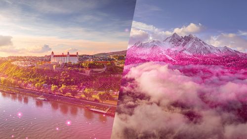 Rozdelený obrázok: Vľavo zobrazuje Bratislavský hrad pri rieke Dunaj pri západe slnka; vpravo vrchol Vysokých Tatier nad oblakmi, obe prekryté ružovými, žiarivými efektmi.