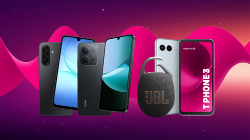Tri smartfóny a Bluetooth reproduktor JBL na pozadí s ružovými a fialovými vlnami.