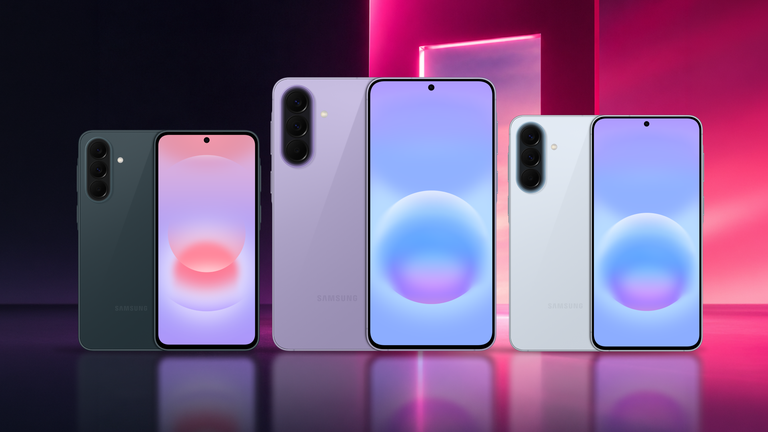 Smartfóny Samsung zobrazené spredu a zozadu na magentovom pozadí.