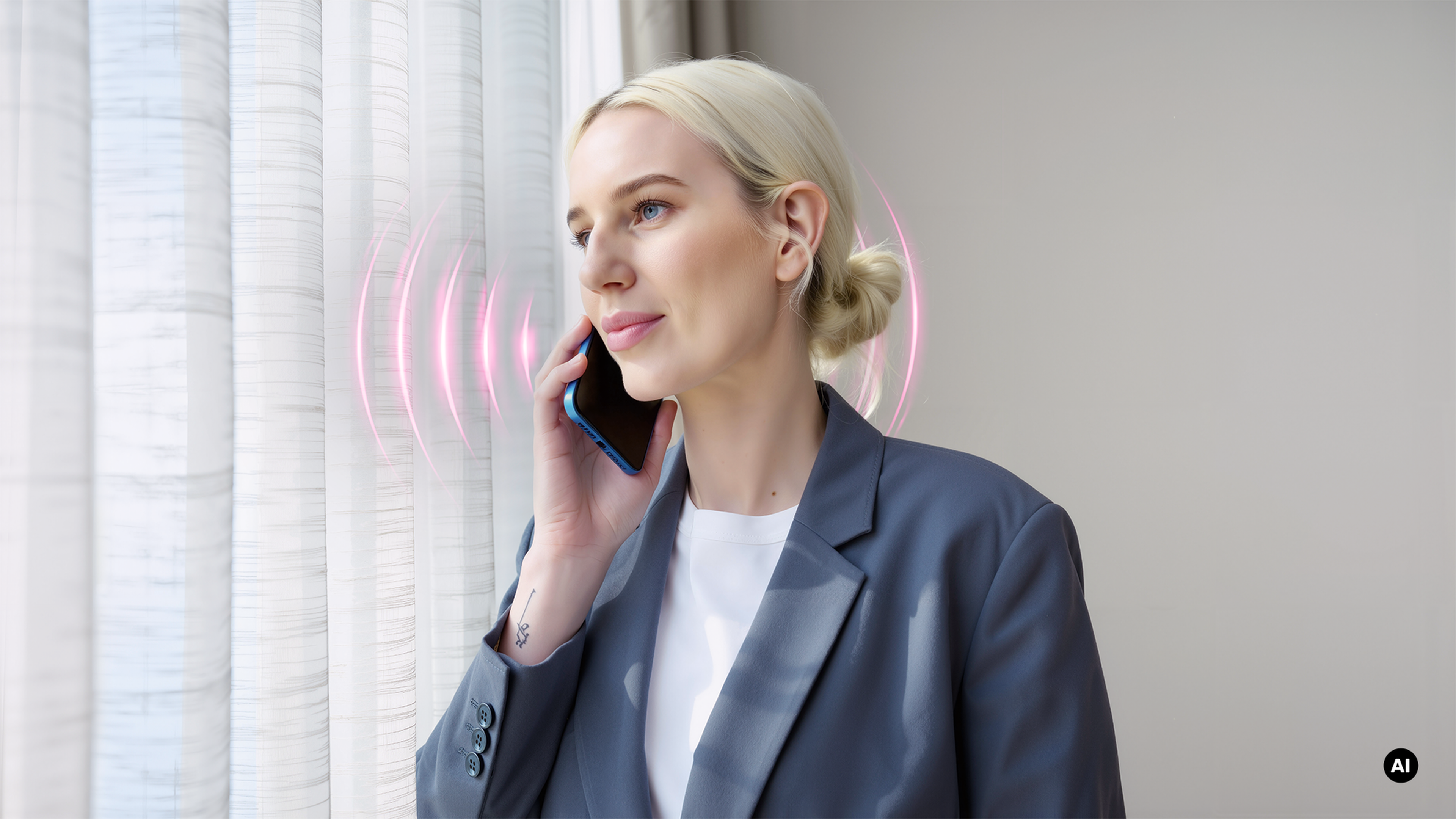 Žena v saku telefonuje pri okne, z mobilu vychádzajú zvukové vlny.