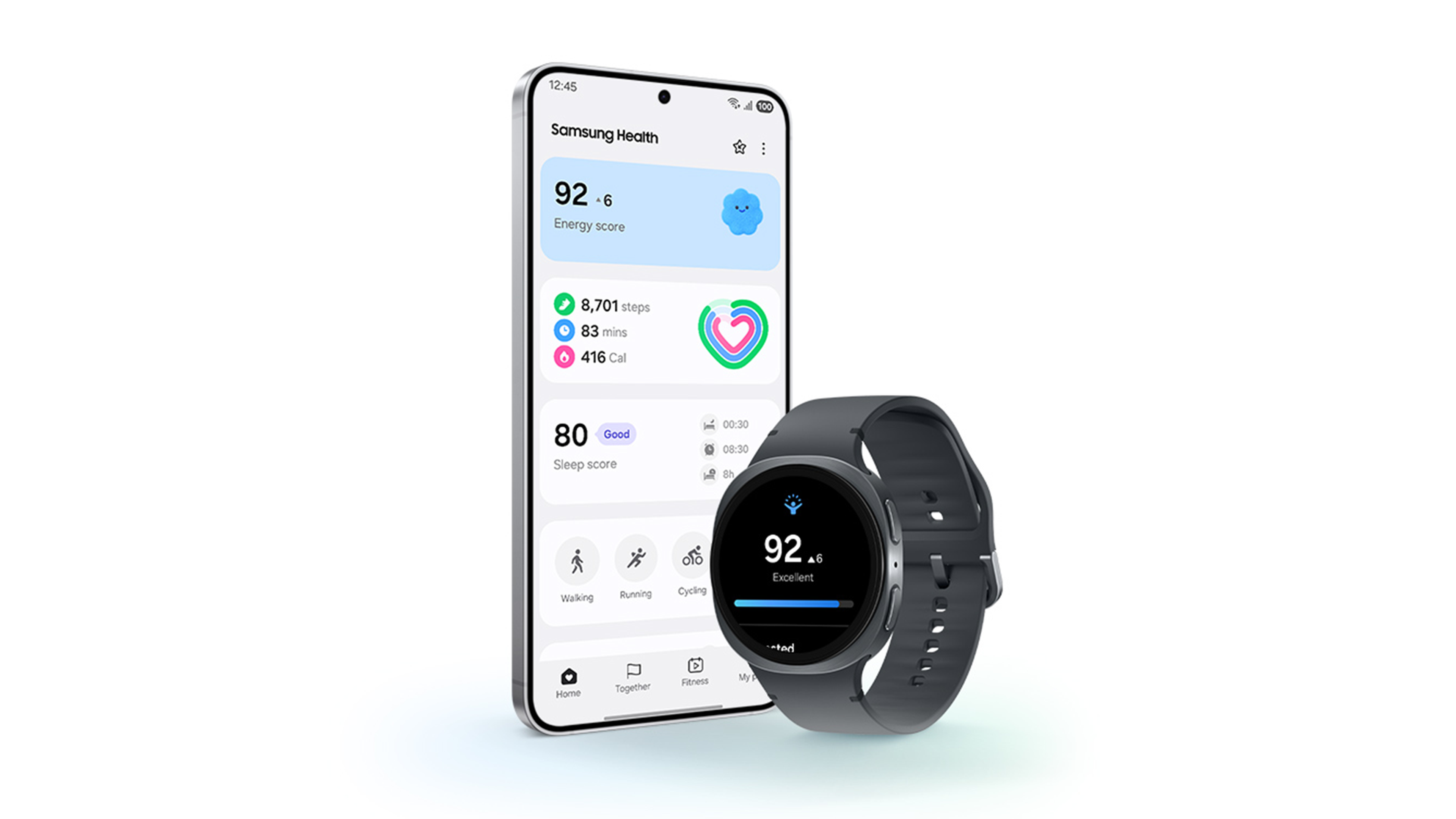 Smartfón s aplikáciou Samsung Health a čierne inteligentné hodinky, obe so zobrazením zdravotných údajov.