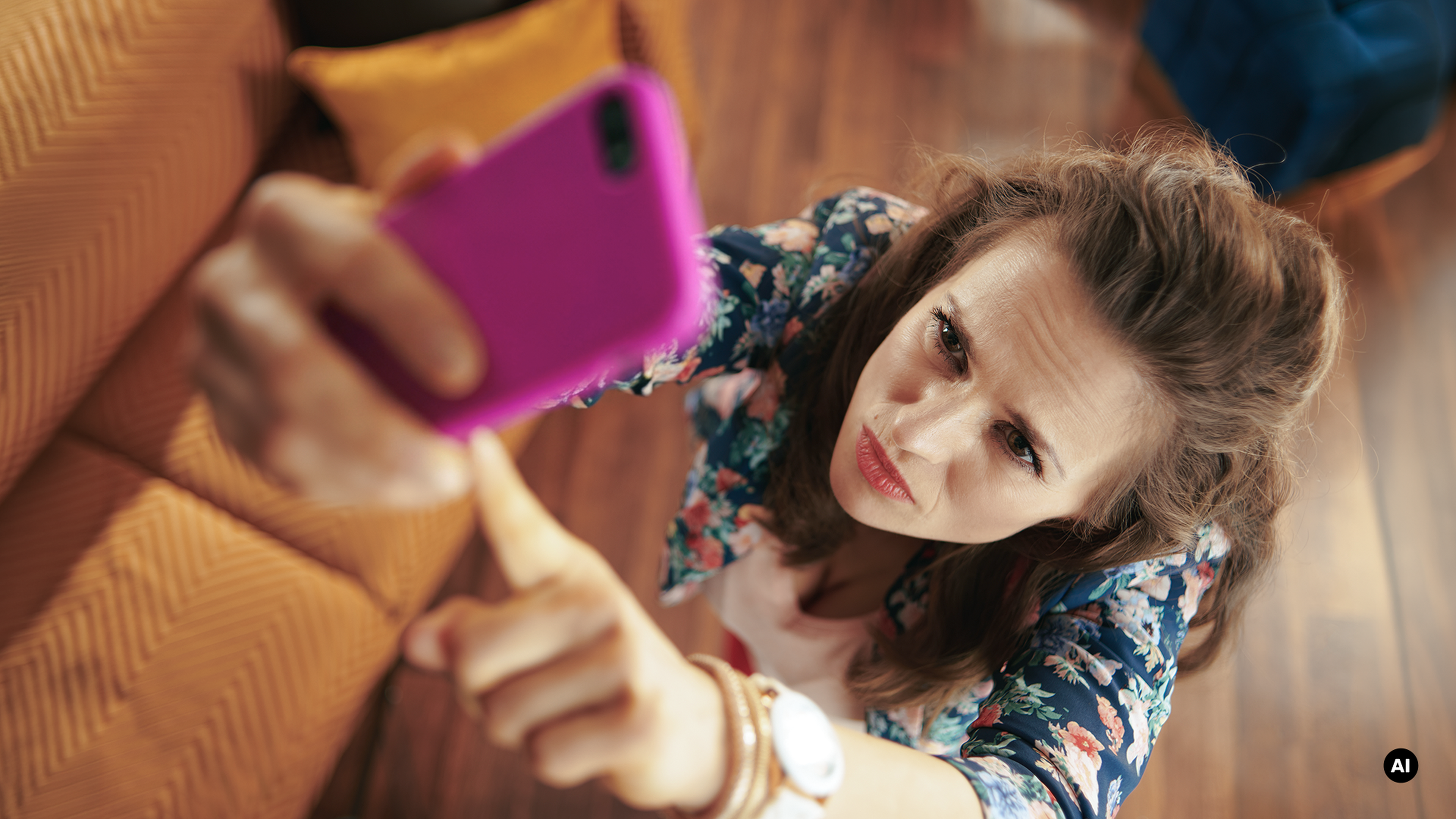 Žena fotografuje selfie s ružovým mobilom v ruke, výraz tváre je sústredený, pozadie je gauč a drevená podlaha.