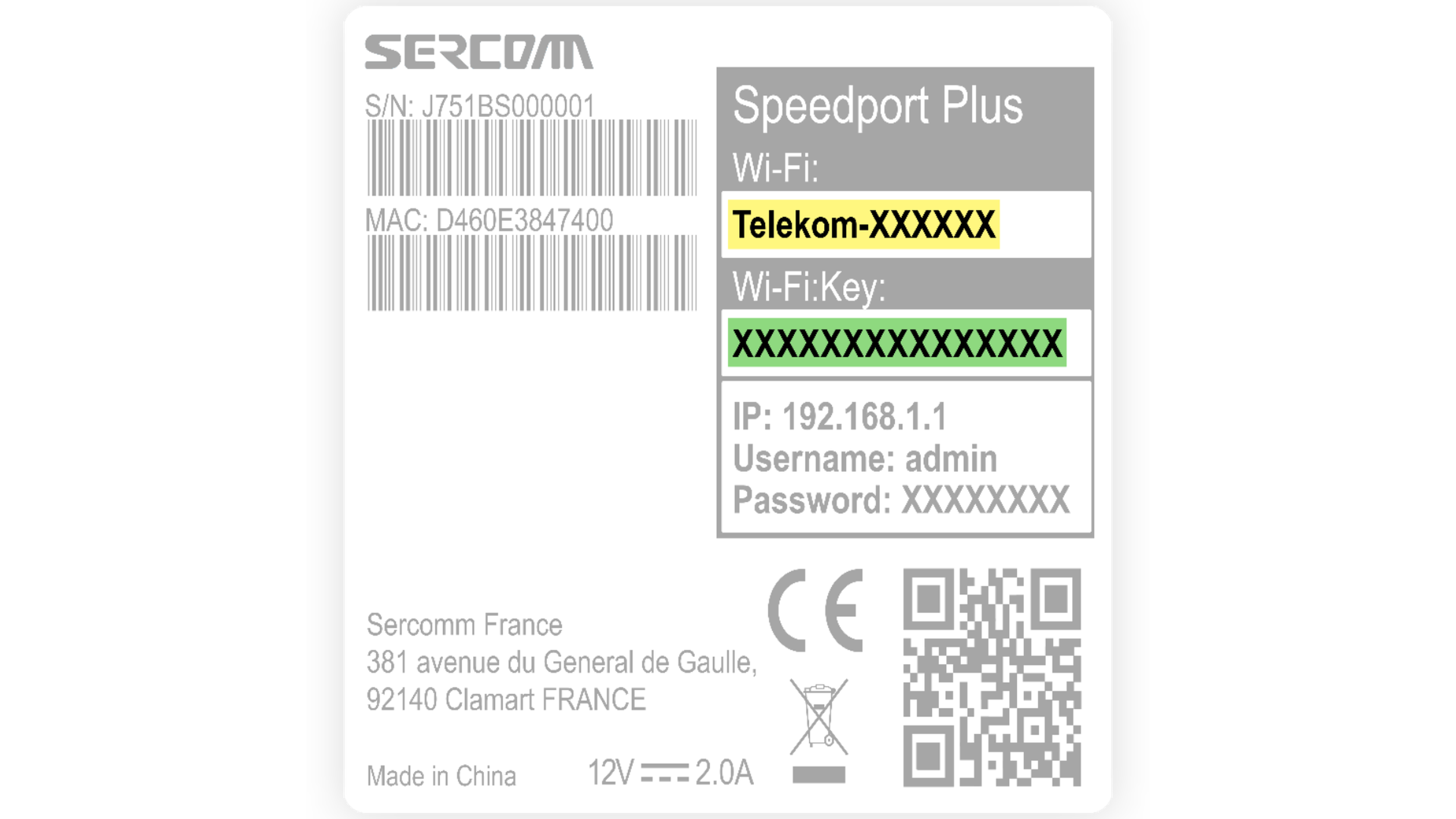 Štítok z routera Sercomm Speedport Plus zobrazuje sériové číslo, MAC, názov a kľúč Wi-Fi siete, IP adresu a login.