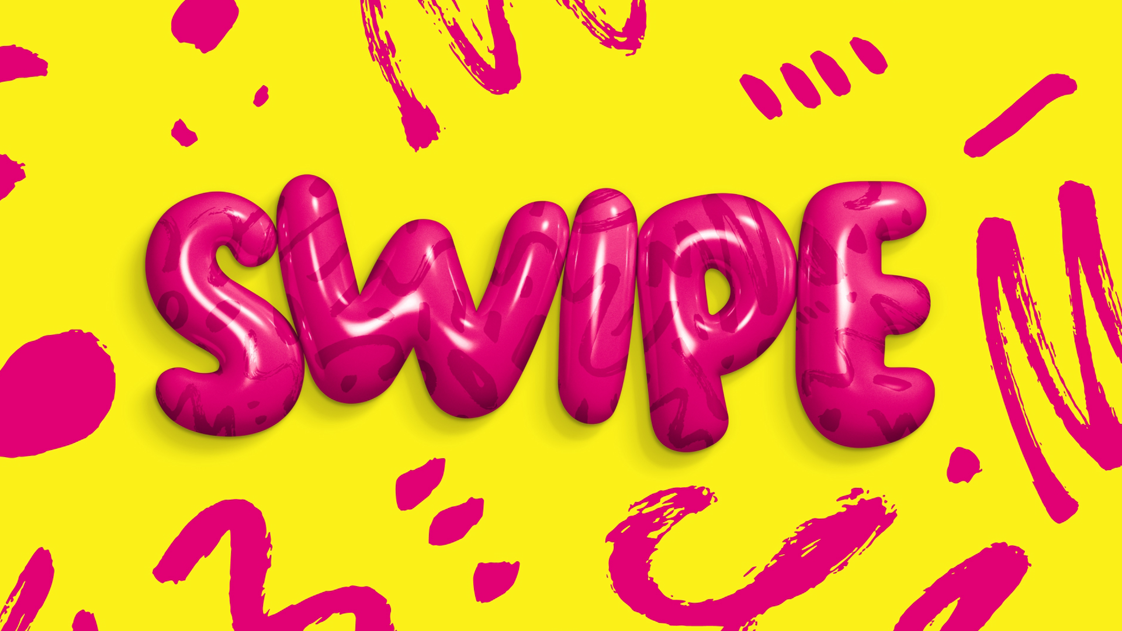 Nápis "SWIPE" v ružovej farbe na žltom pozadí s dekoratívnymi ružovými prvkami.
