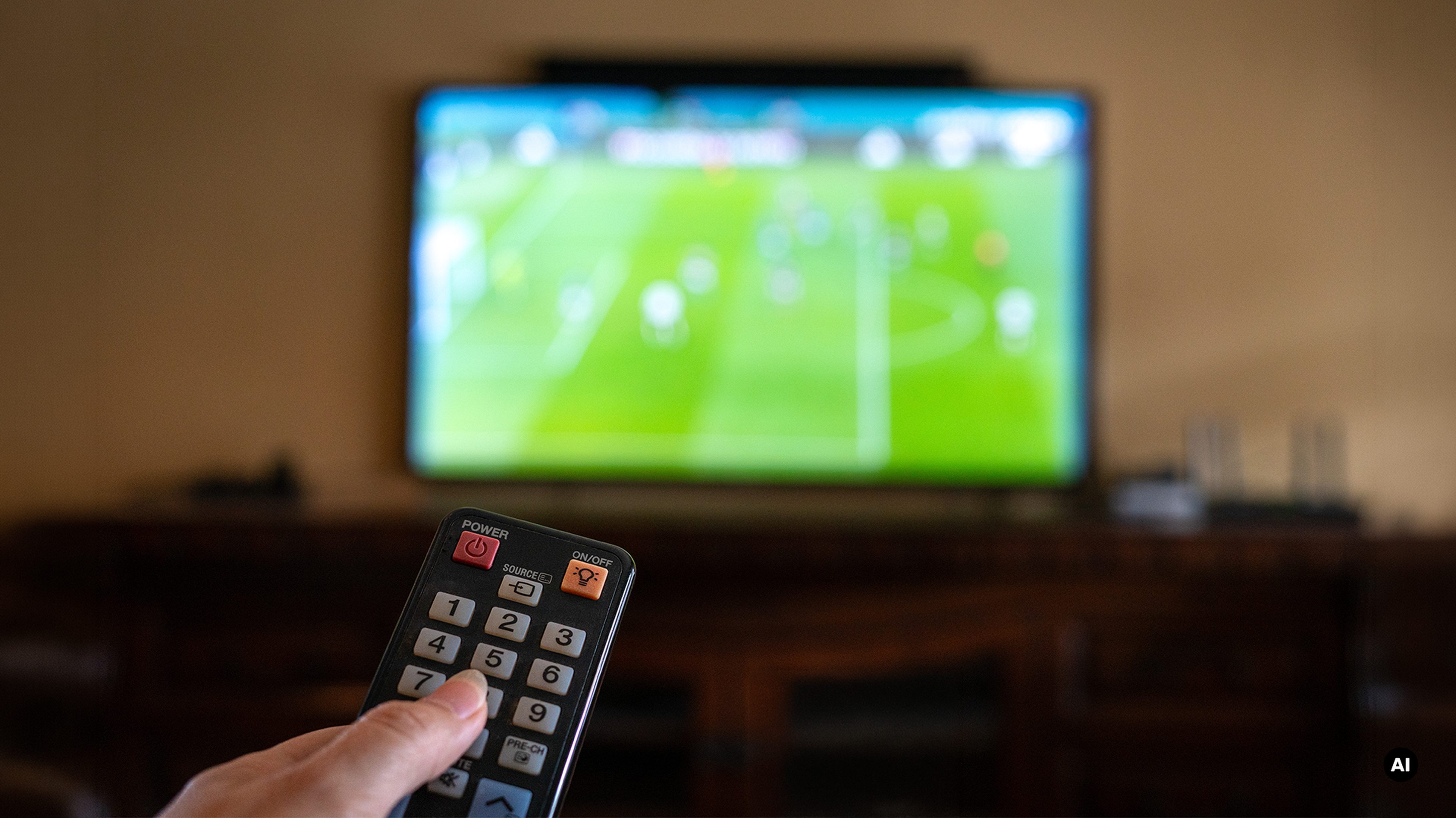 Ruka drží diaľkový ovládač, v pozadí je televízna obrazovka s futbalovým zápasom.