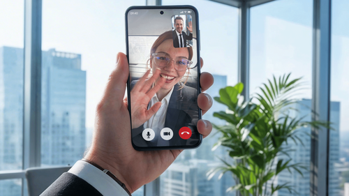 Muž drží mobil a vedie videohovor so ženou v kancelárii s výhľadom na mesto.