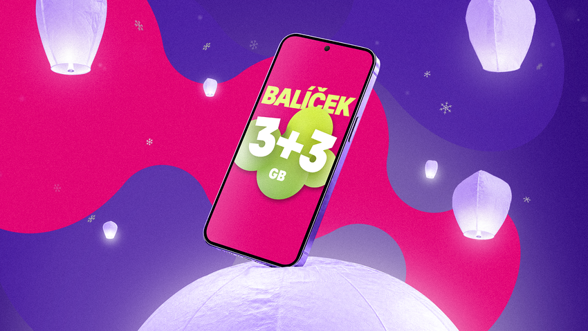 Mobilný telefón s reklamou na balíček 3+3 GB na farebnom pozadí s lietajúcimi lampiónmi.