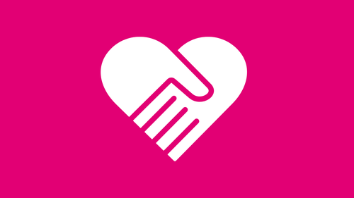 Biele logo v tvare ruky so srdcom na ružovom pozadí.