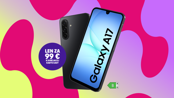 Telefón Galaxy A17 na farebnom pozadí, ponuka za 99 € k dobíjacej karte Easy.