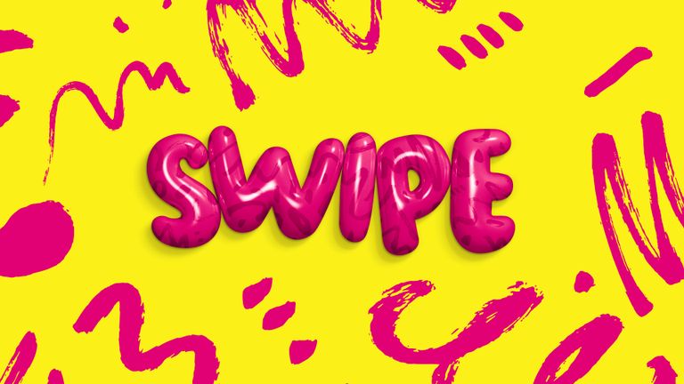Nápis "SWIPE" v ružovej farbe na žltom pozadí s umeleckými ťahmi.
