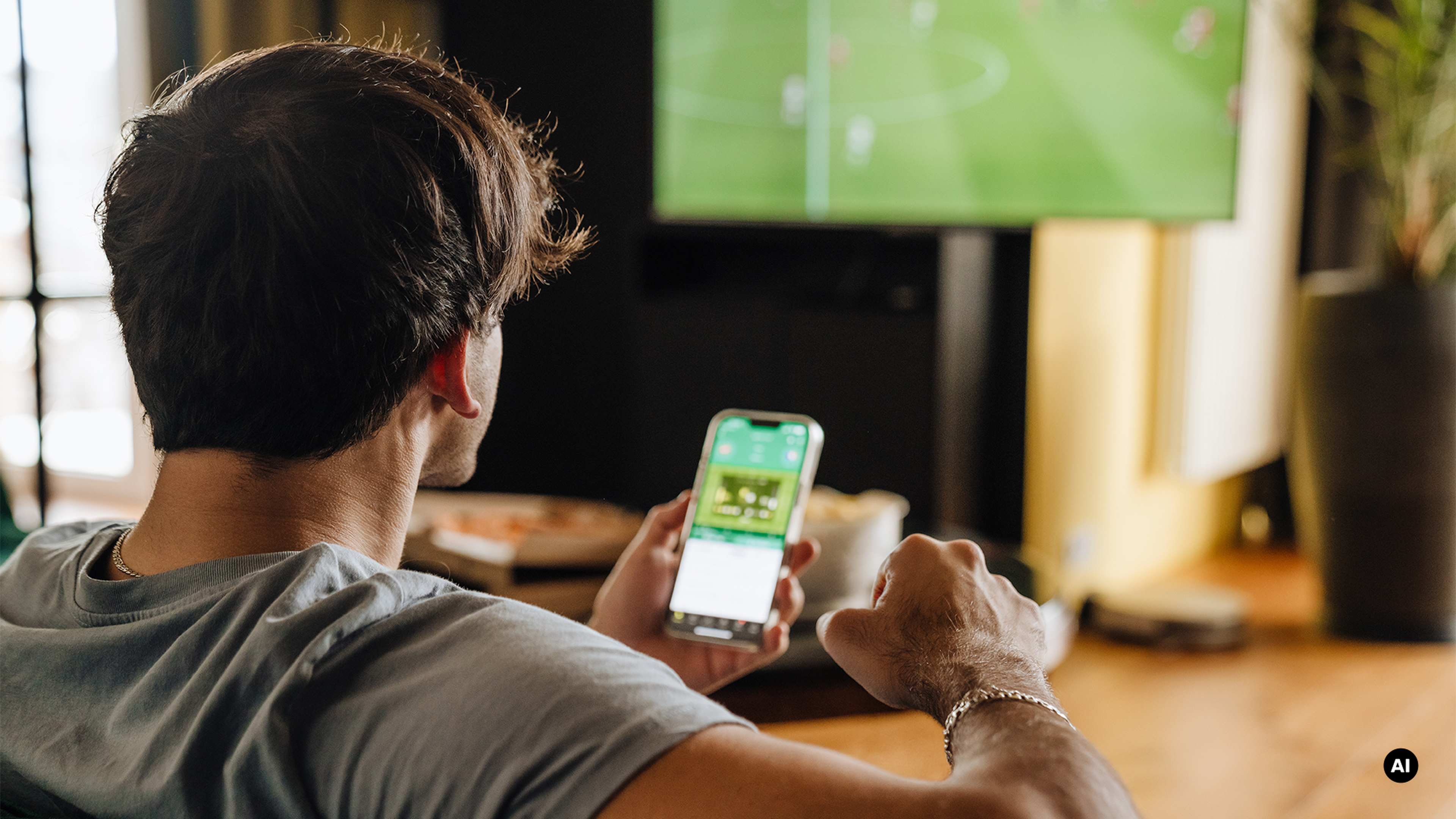 Muž sleduje futbal na televízii a drží mobil s aplikáciou v ruke.