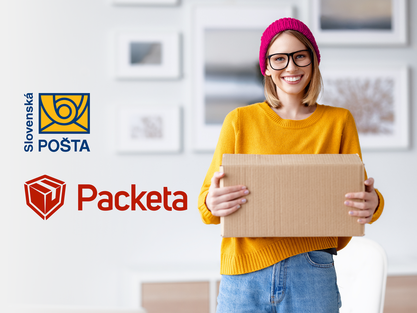 Žena v klobúku drží balík. Naľavo logá Slovenskej pošty a Packeta.