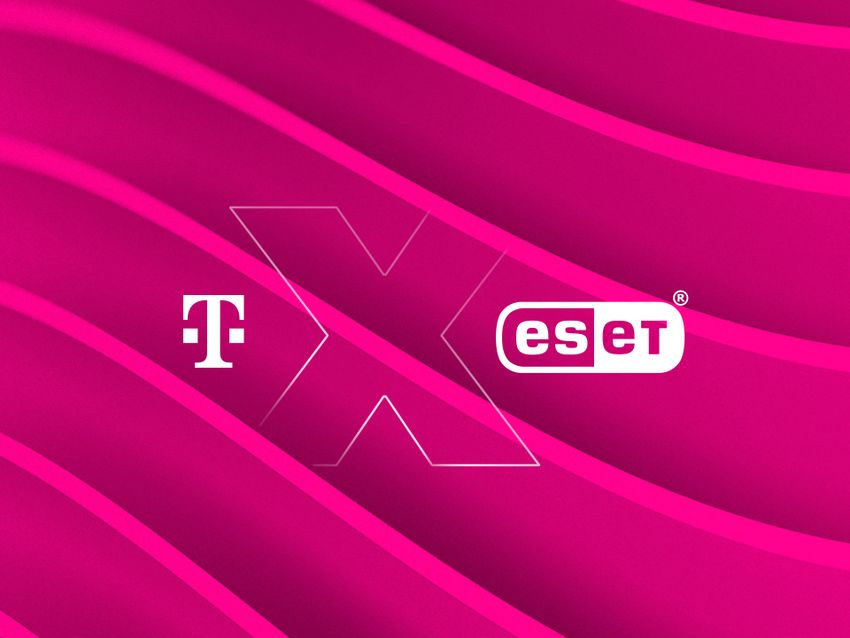 Logá T a ESET na magentovom pozadí