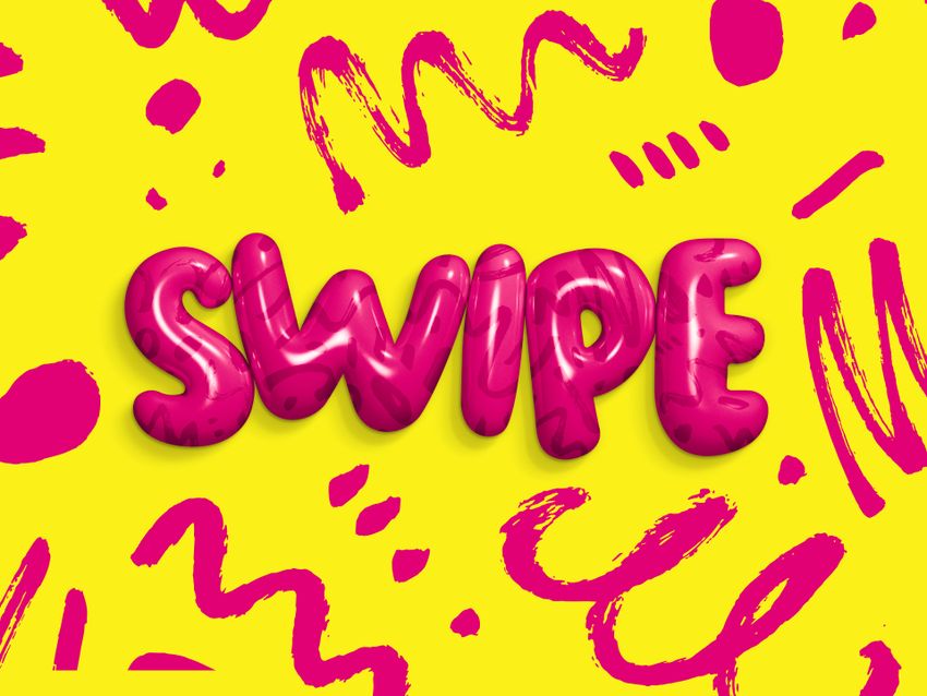 Text "SWIPE" v lesklých ružových písmenách na žltom pozadí s ružovými grafickými prvkami.