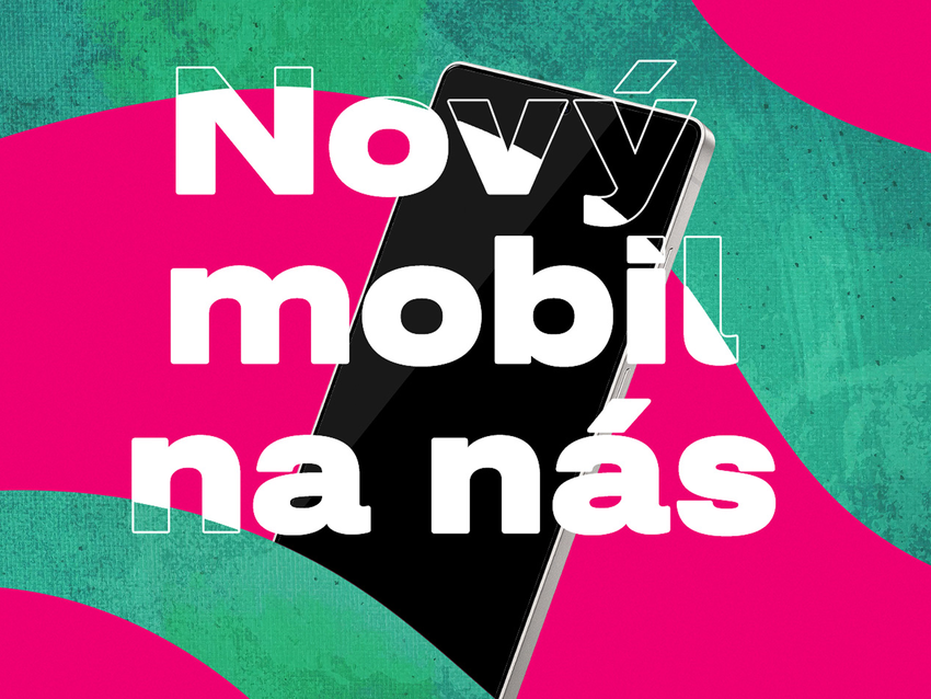 Nový mobil na farebnom pozadí s textom "Nový mobil na nás".