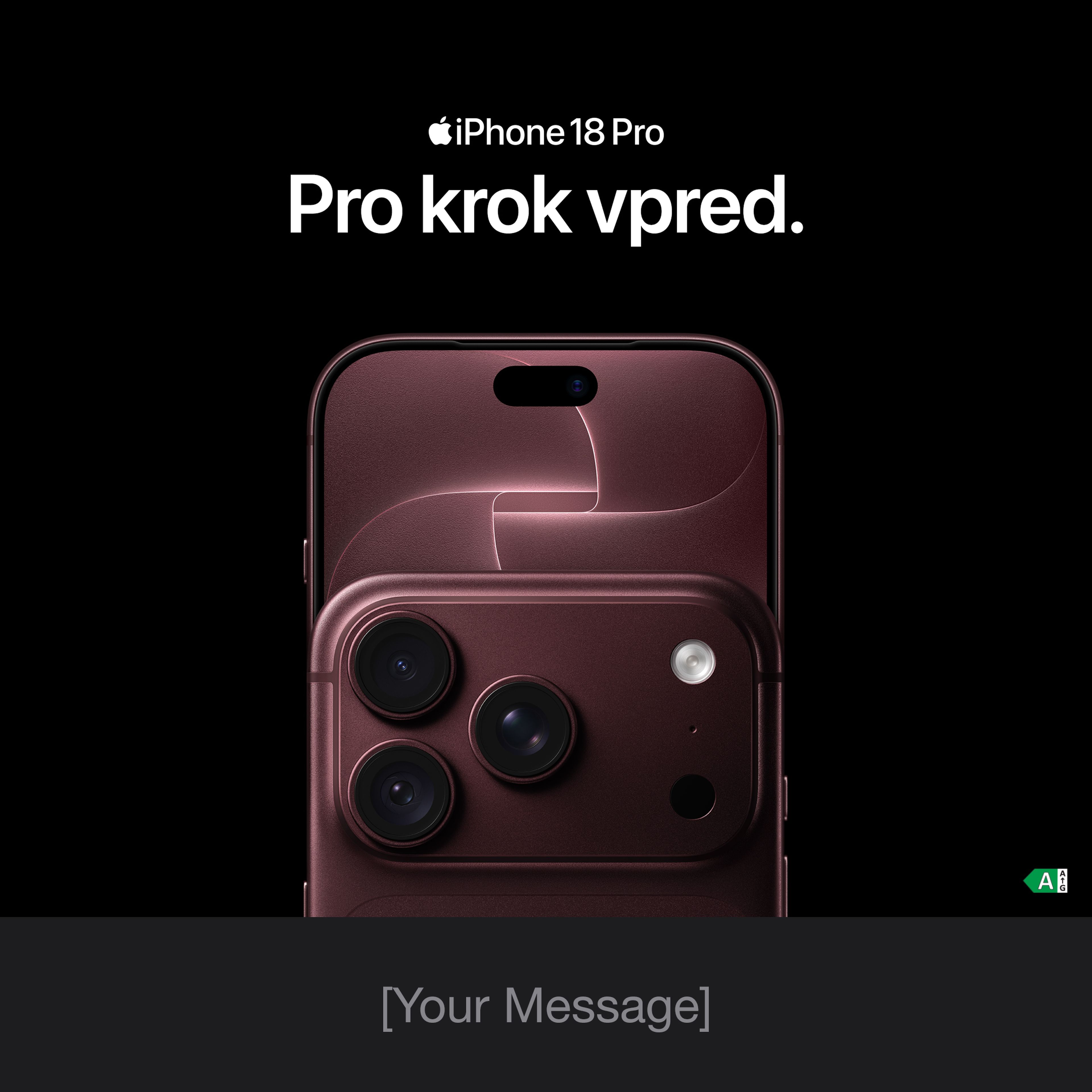 Telefón iPhone 18 Pro v hnedo-fialovej farbe s trojitým zadným fotoaparátom a textom "Pro krok vpred."