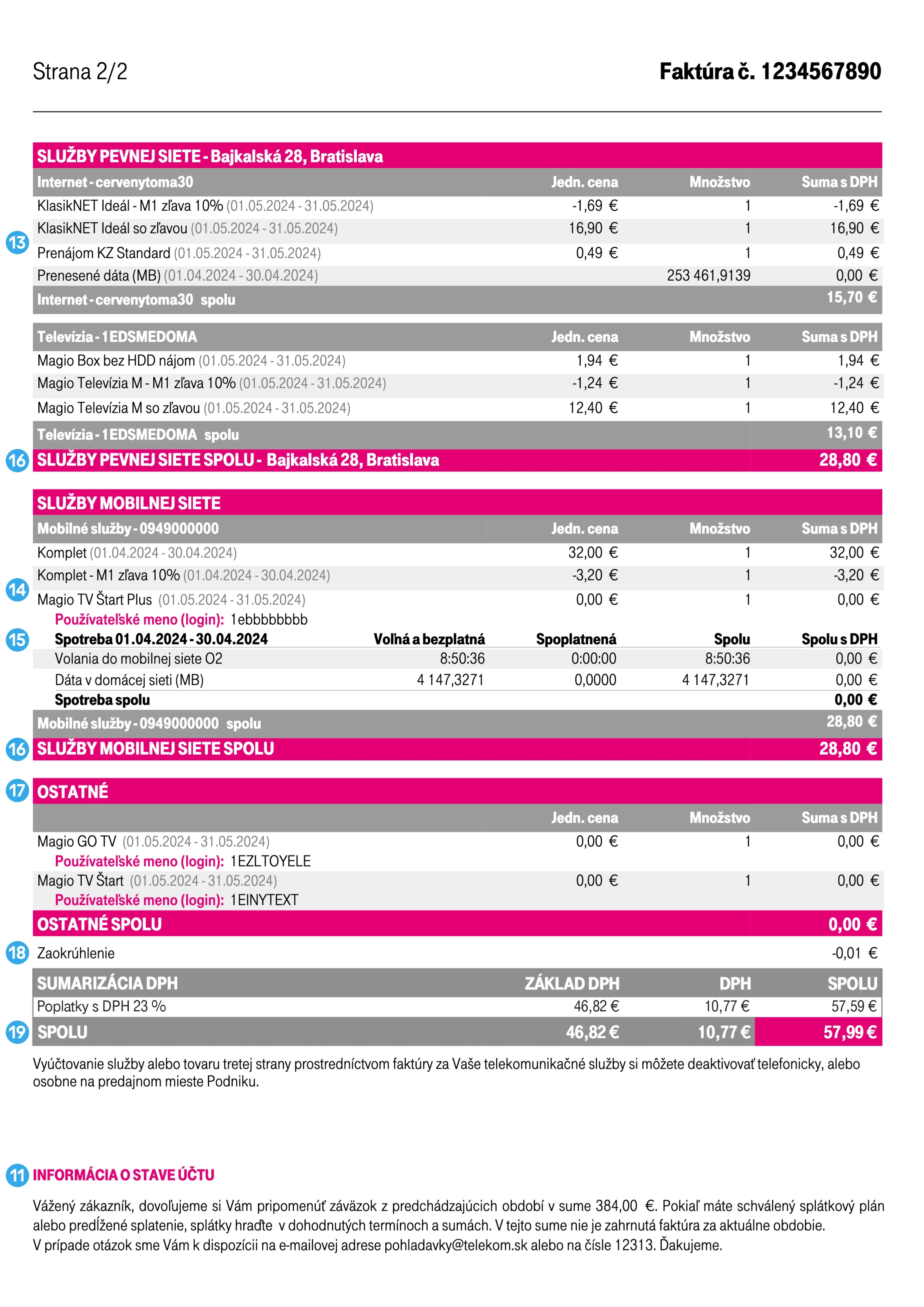 Vzorová faktúra za služby Telekomu - zadná strana