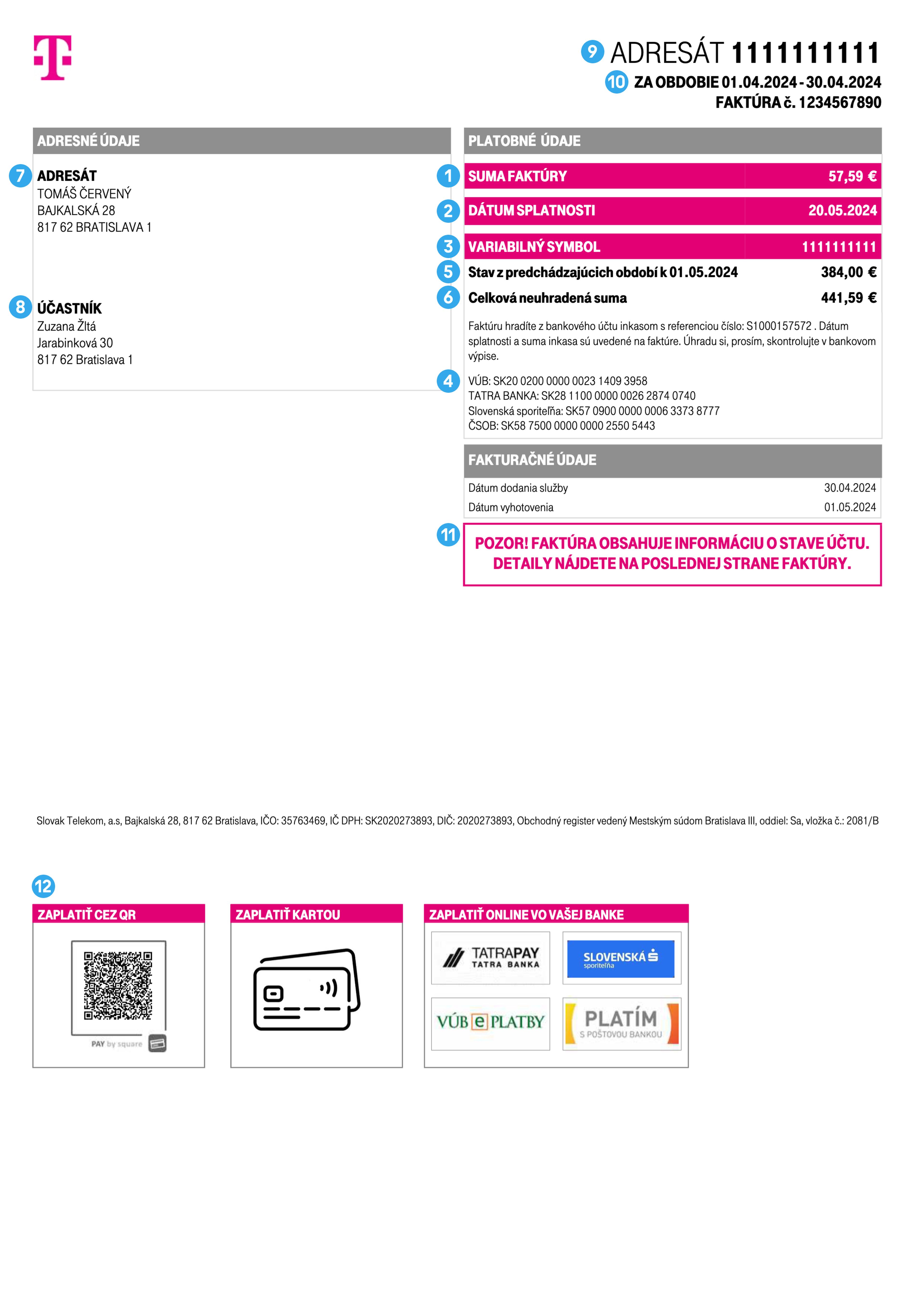 Vzorová faktúra za služby Telekomu - predná strana