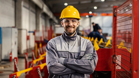Pracovník s ochrannou prilbou v sklade – vizuál služby Microsoft 365 pre firmy od Telekomu.