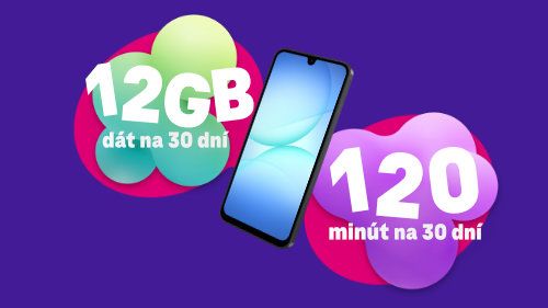 Mobilný telefón s ponukou 12 GB dát a 120 minút na 30 dní na farebnom pozadí.