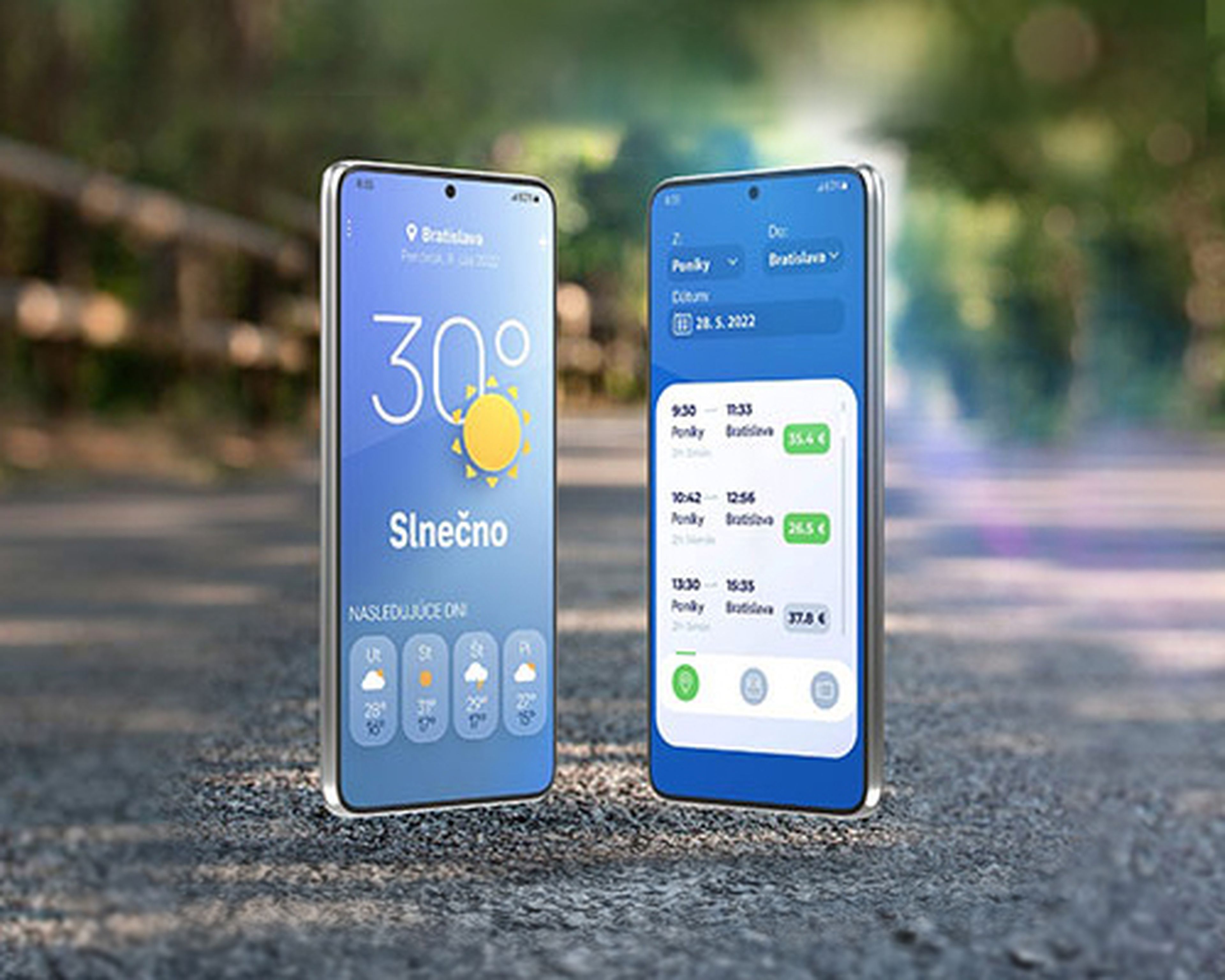 displeje dvoch mobilov zobrazujúce aplikáciu s počasím