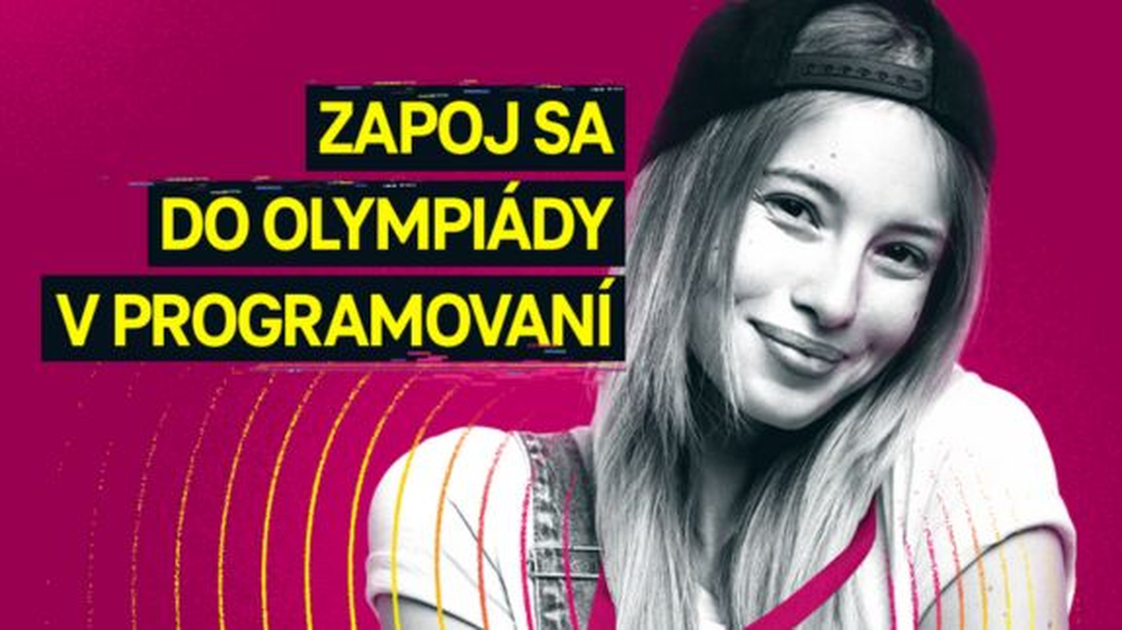Usmievavá žena držiaca zariadenie micro:bit so slovenským textom propagujúcim programovaciu olympiádu. Ružové a žlté grafické prvky.