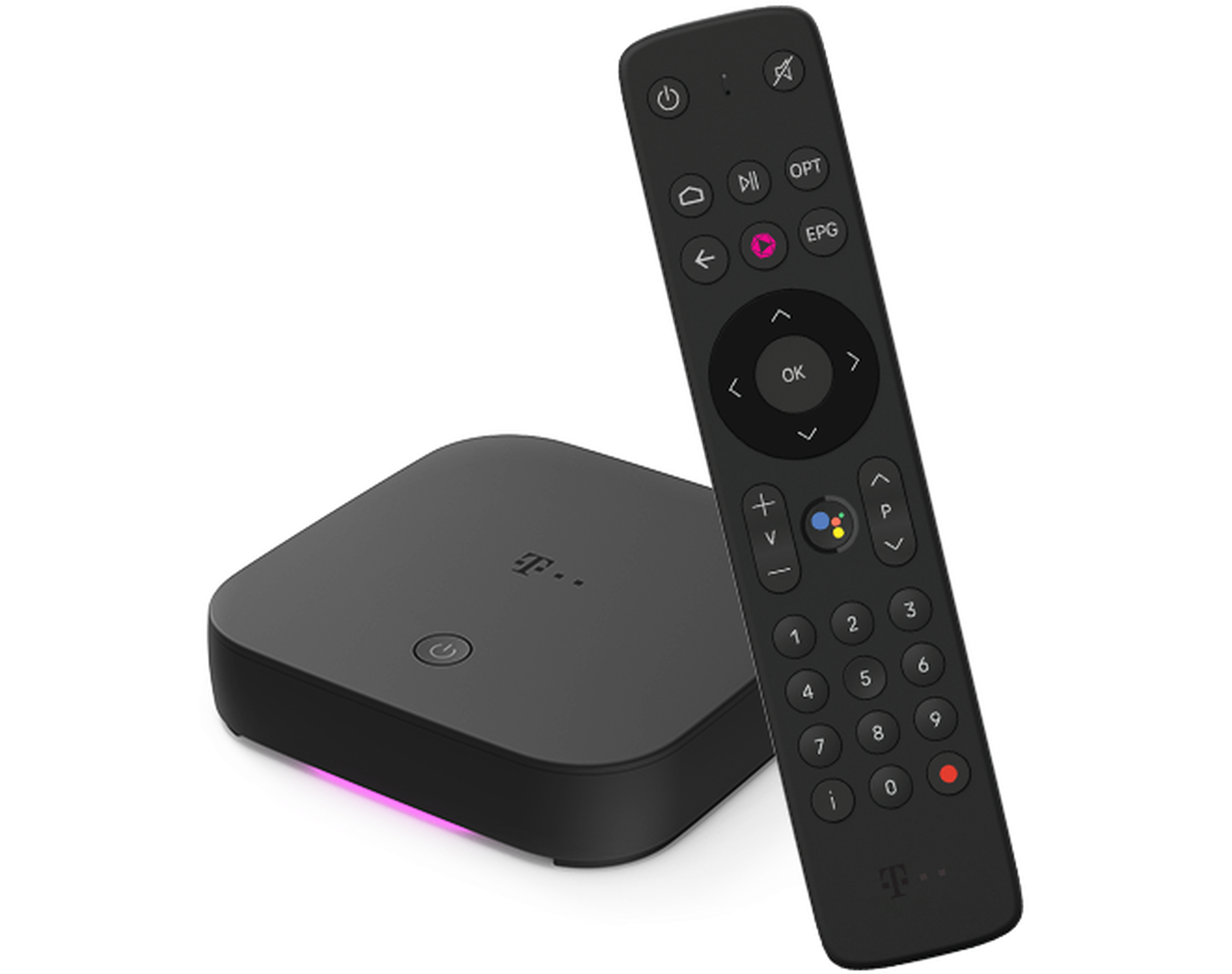 Čierne streamovacie zariadenie s príslušným diaľkovým ovládačom. Zariadenie má tlačidlo napájania a pod ním svieti fialové svetlo.