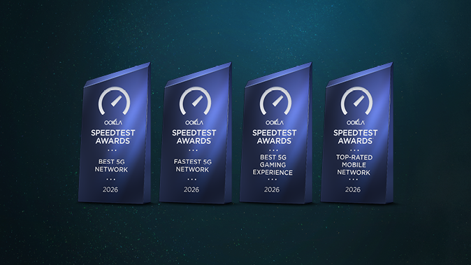 Ocenenia Ookla Speedtest Awards 2026 – najlepšia mobilná sieť, najrýchlejšia mobilná sieť a najlepší mobilný gaming zážitok.