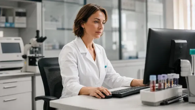 Doktorka v súkromnej klinike pracuje na počítači – Data Guard balík vhodný tam, kde je bezpečnosť firemných dát kľúčová.