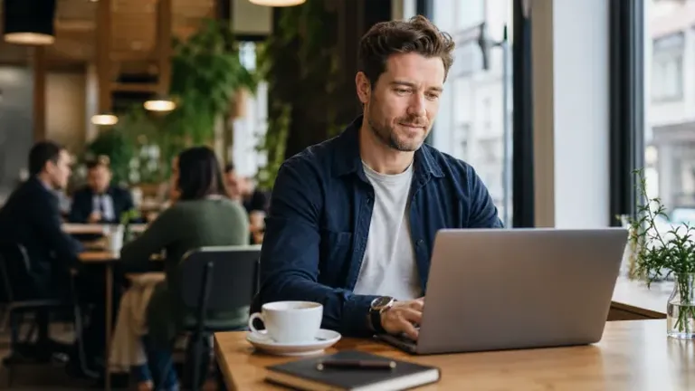 Konzultant pracujúci na notebooku v kaviarni – Start Secure balík pre živnostníkov pracujúcich na verejných Wi-Fi sieťach.